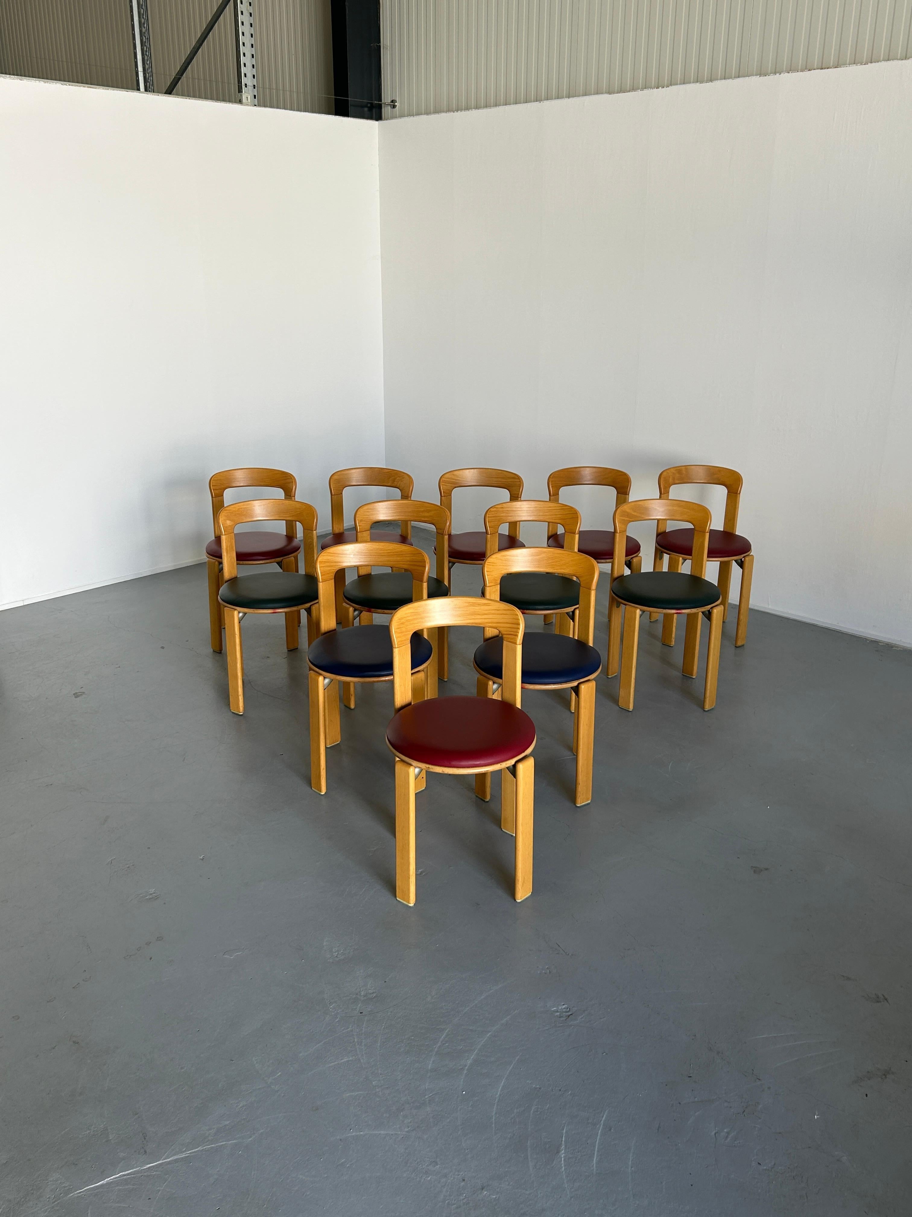 Set of six Mid-Century-Modern dining chairs designed by Bruno Rey in the 1970s. 
Iconic design, produced by the well known Germany manufacturer Kusch+Co in the early 1990s..

The dining chairs were made of solid beech, laminated plywood beech and
