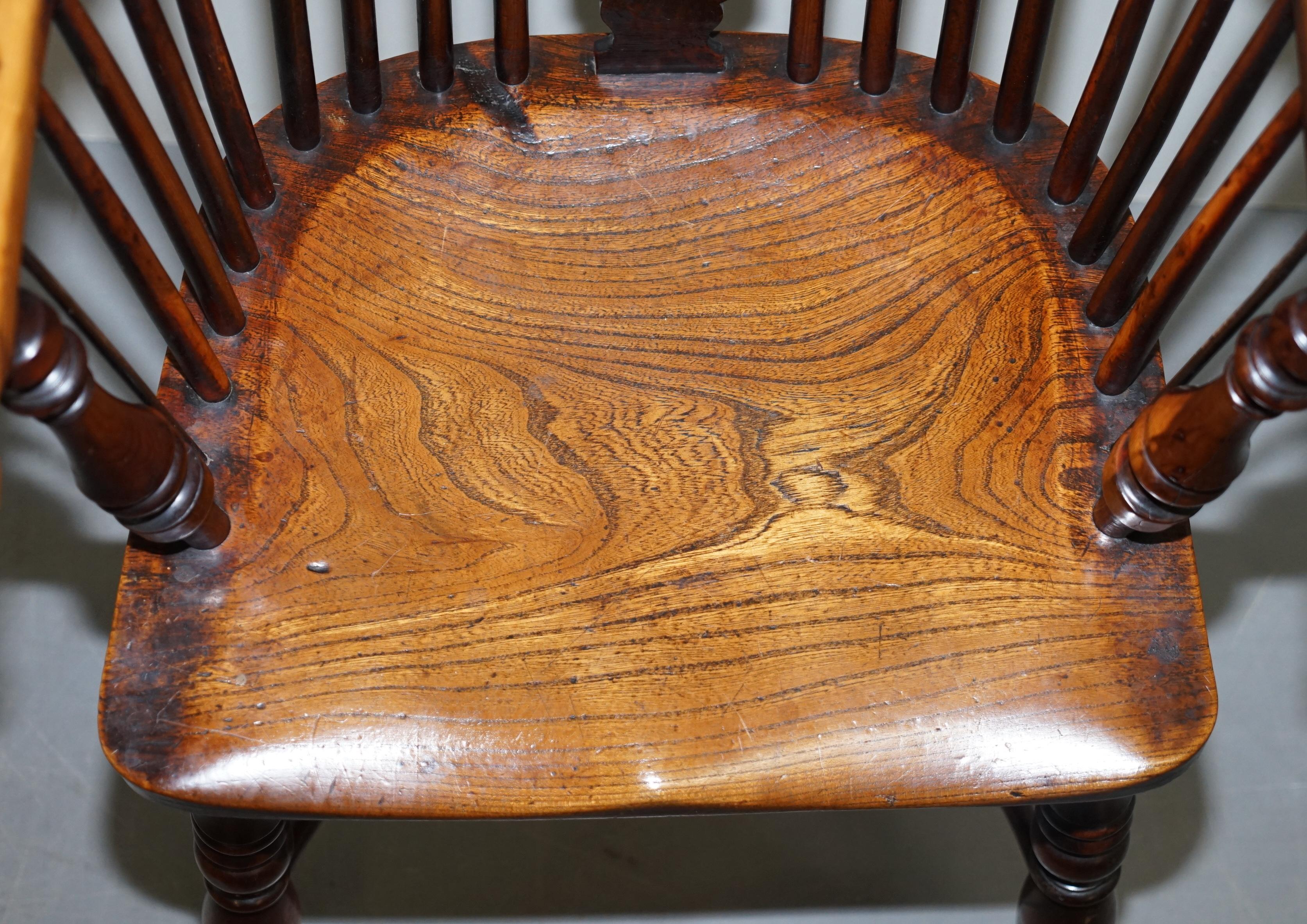 Hand-Crafted 1 of 6 Burr Yew Wood & Elm Windsor Armchairs circa 1860 English Country House For Sale