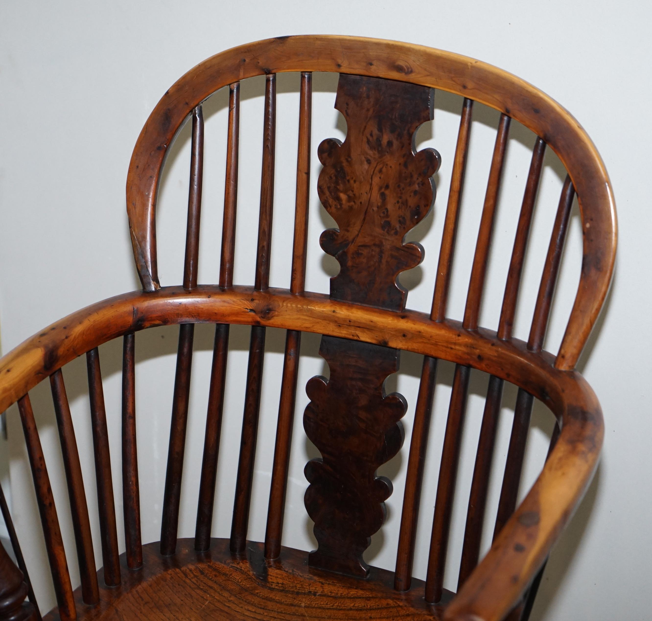 Mid-19th Century 1 of 6 Burr Yew Wood & Elm Windsor Armchairs circa 1860 English Country House For Sale