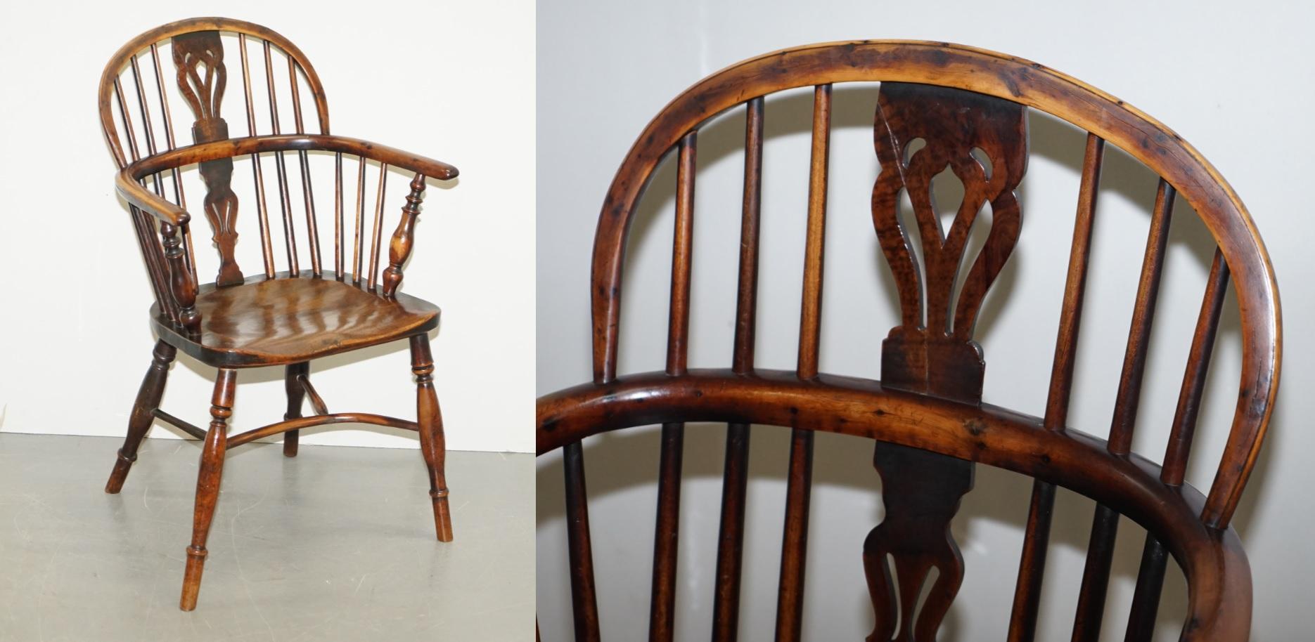 We are delighted to offer for sale 1 of 6 lovely solid Burr Yew with Elm seat hand sawn circa 1860 Windsor stick back armchair

The antique Windsor chair is a country piece of antique furniture that usually comes with lovely charm and character.