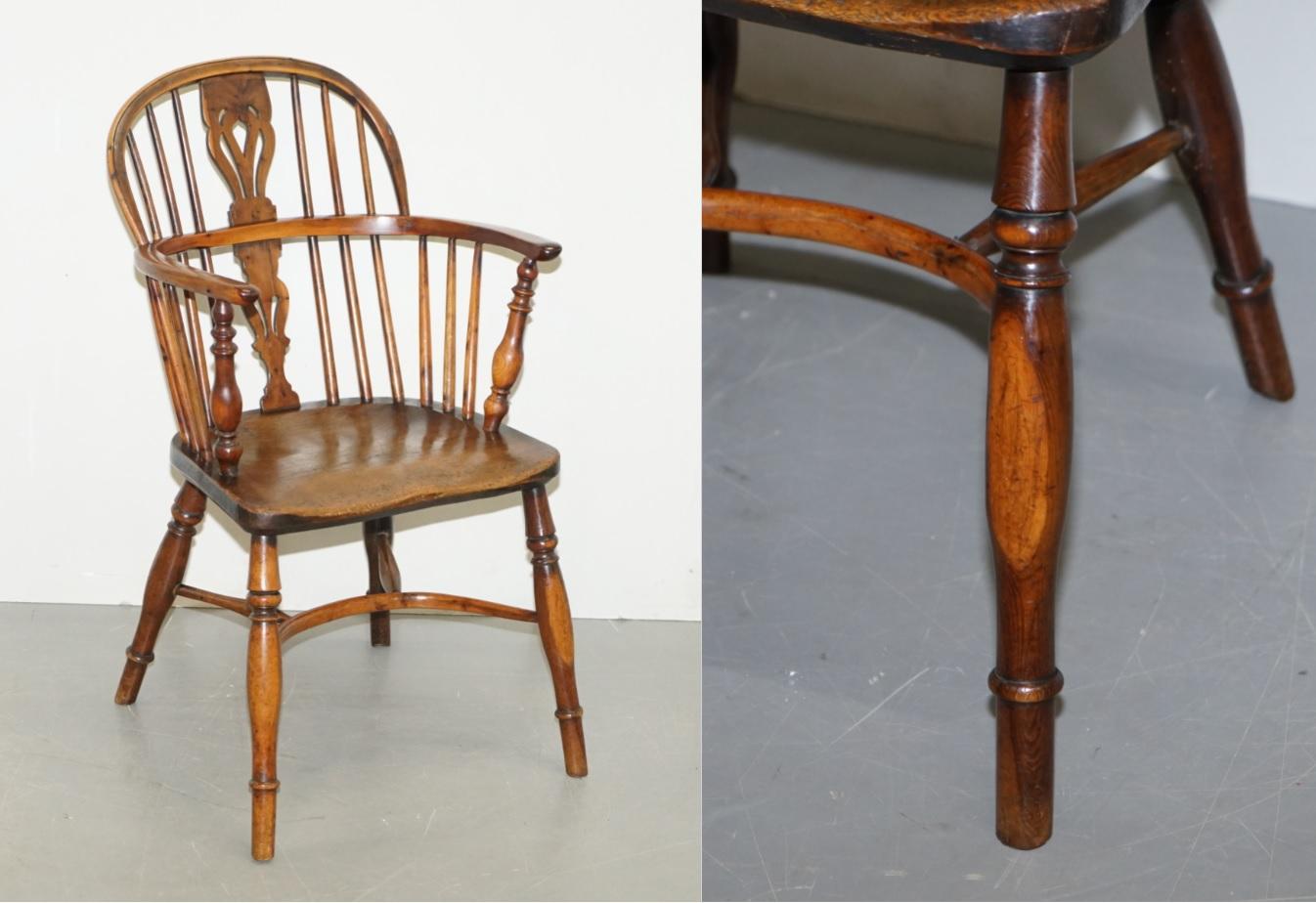 We are delighted to 1 of 6 lovely solid Yew hand sawn circa 1860 Windsor stick back armchair

I have six of these in stock, one exact pair and then four others which all have slight subtle variations, as such I am listing them separately 

The