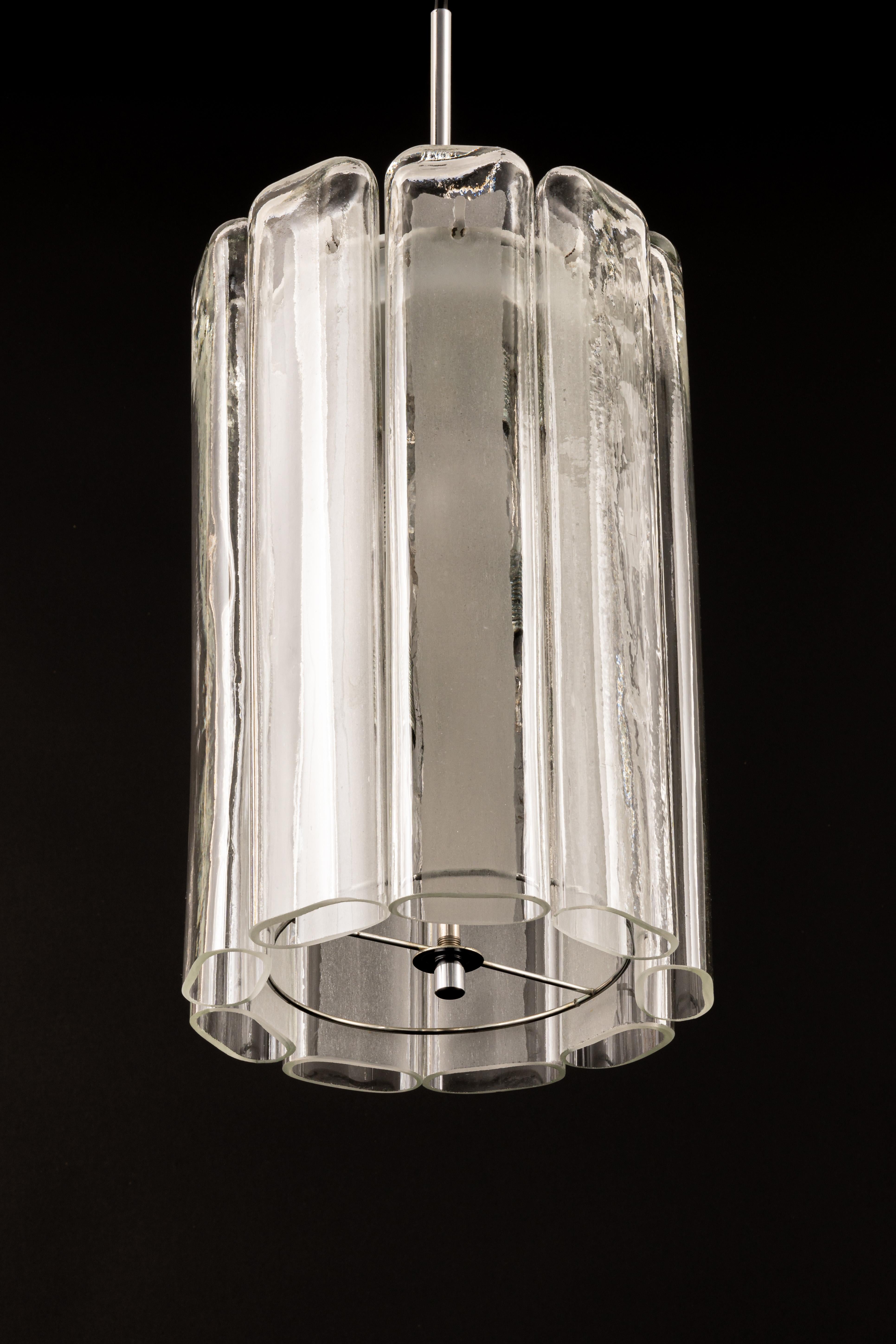 Mid-Century Modern 1 of 6 Cylindrical Pendant Fixture with Crystal Glass by Doria, Germany, 1970s For Sale