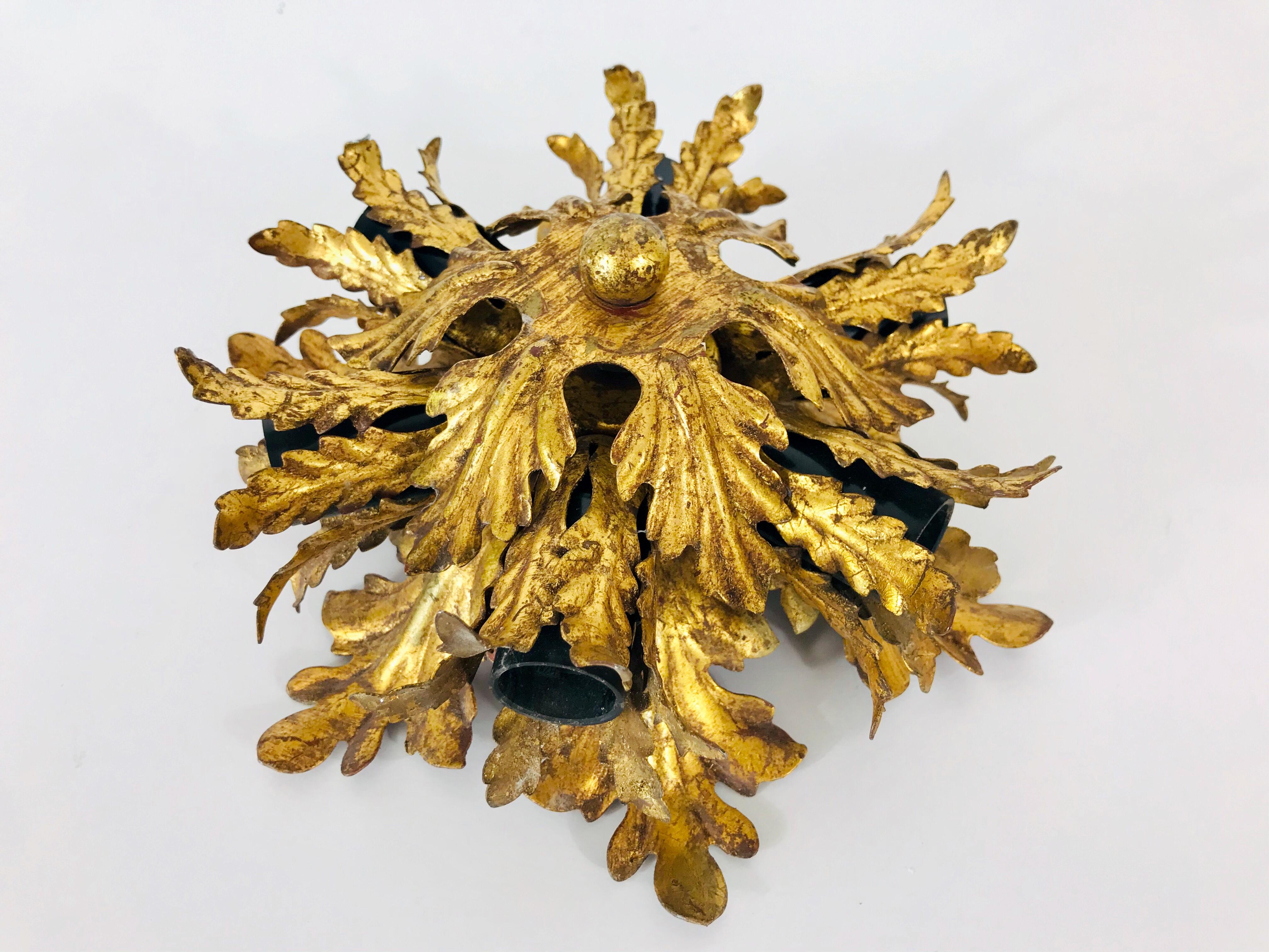 Hollywood Regency Golden Florentine Flower Shape Flushmount by Banci, Italy, 1970s