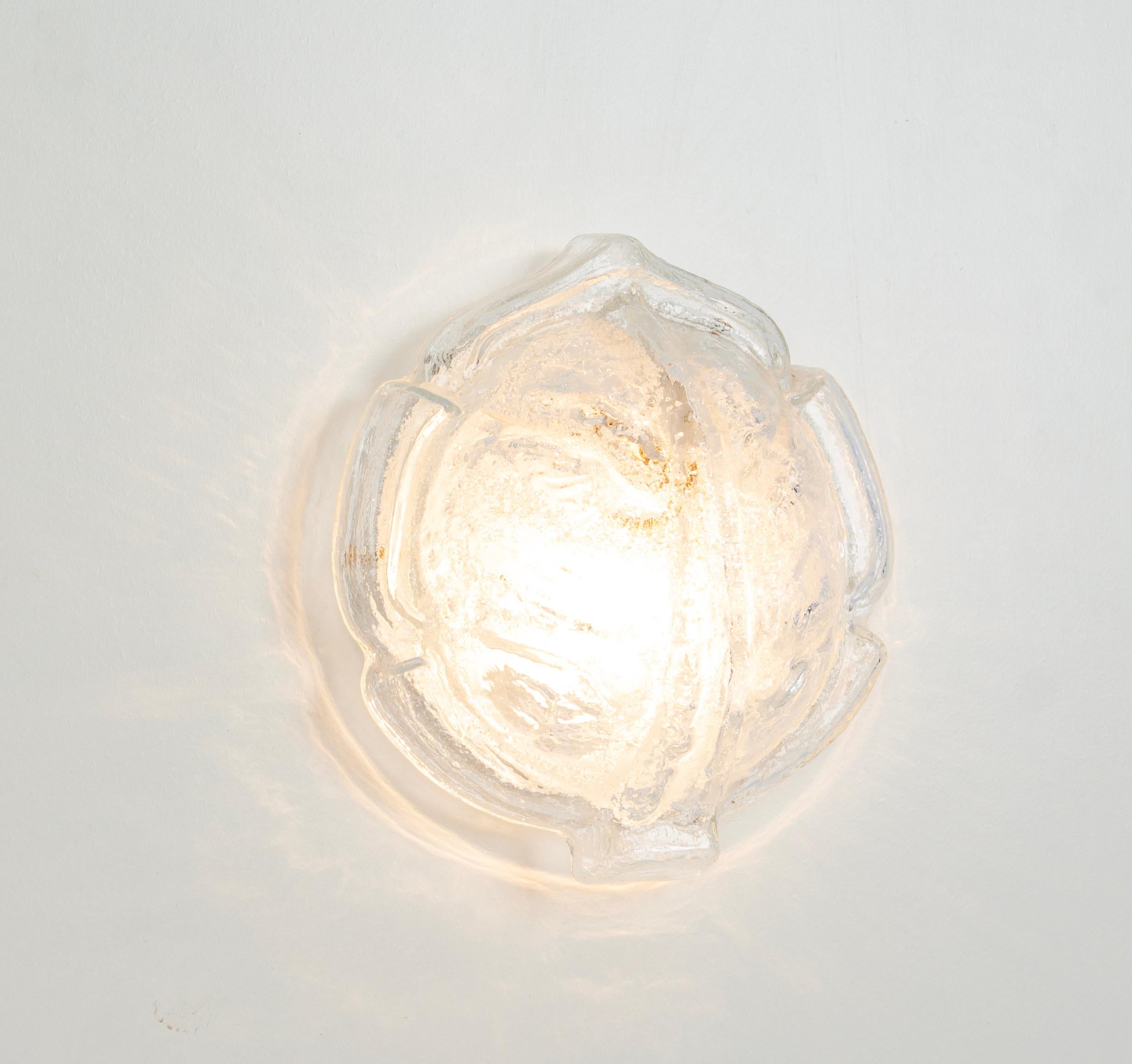 Murano Glass 1 of 6 Ice Glass Shell Glass Wall Light Sconce by Limburg, Germany, 1970s For Sale