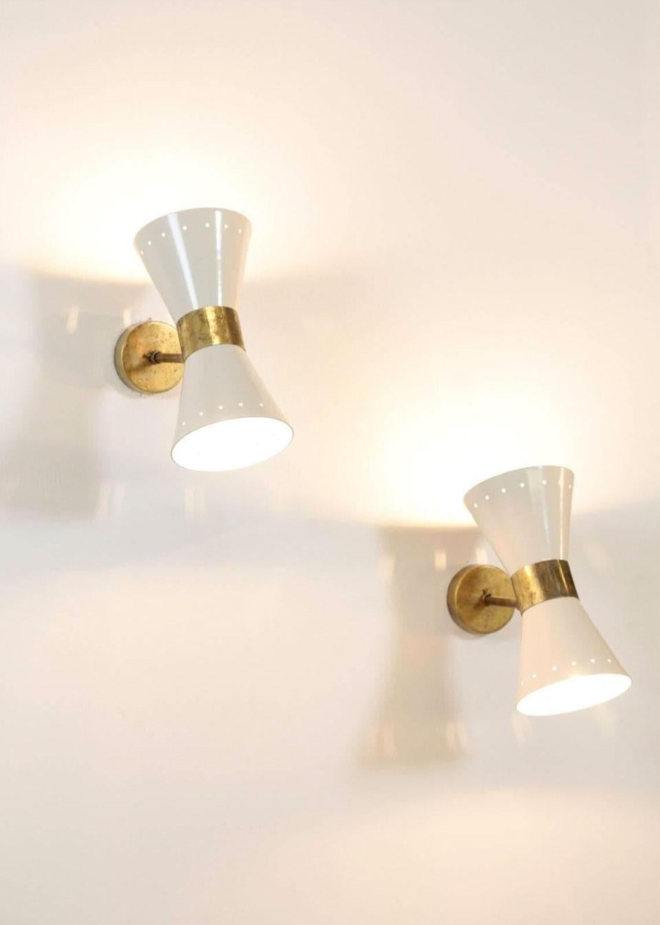 Mid-20th Century 1 of 6 Italian Modern Design Wall Light Sconces Stilnovo Style Ivory White Brass