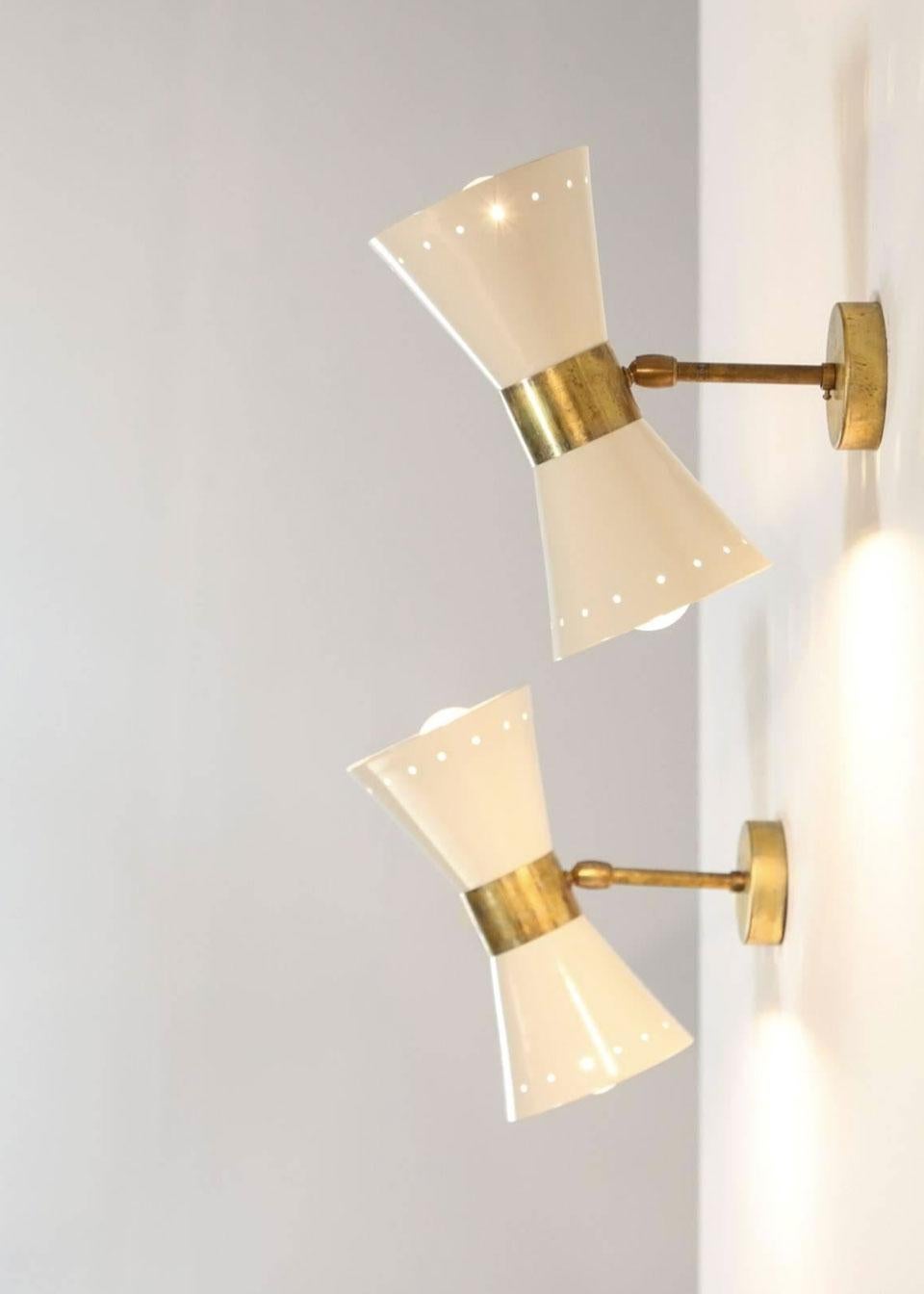 Mid-20th Century 1 of 6 Italian Modern Design Wall Light Sconces Stilnovo Style Ivory White Brass For Sale