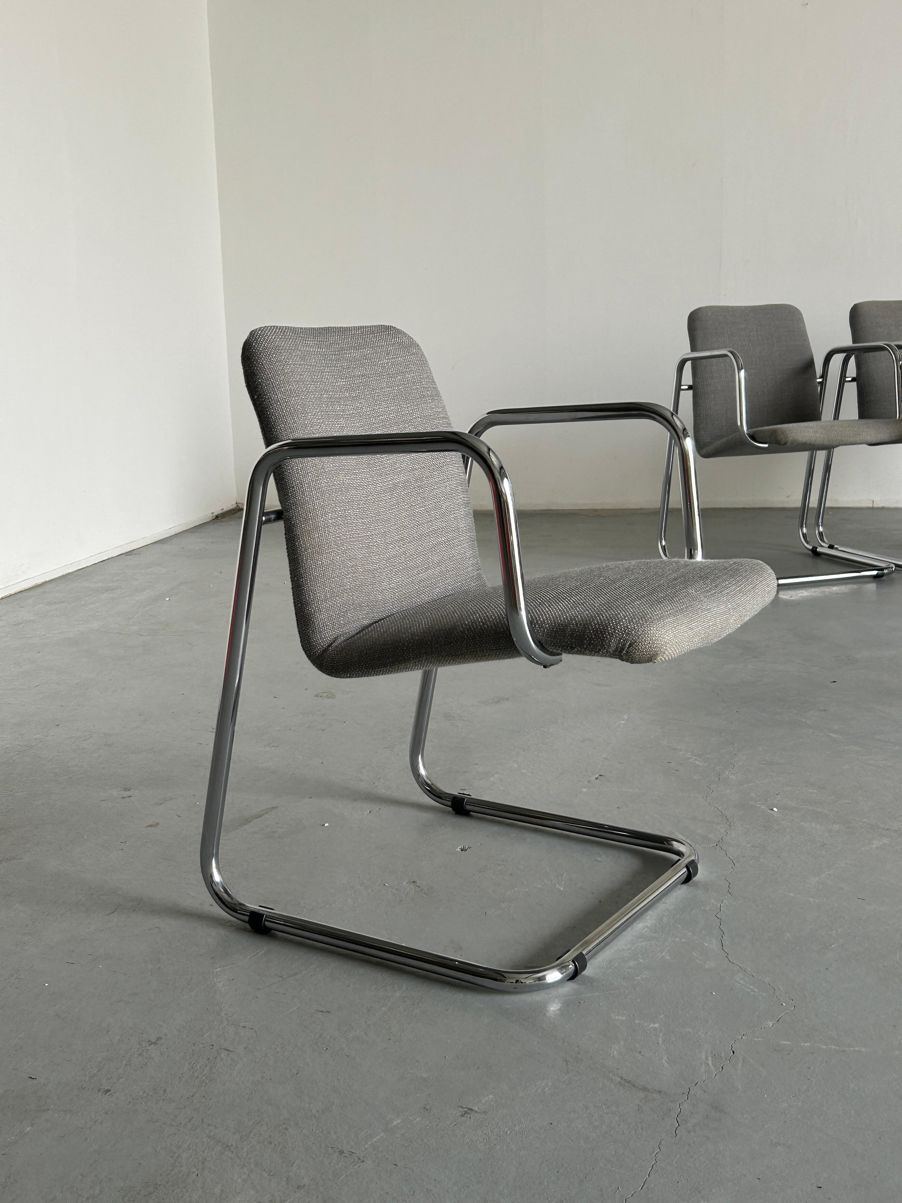 1 of 6 Italian Space Age Chromed Tubular Steel Cantilever Lounge Armchairs, 70s For Sale 5