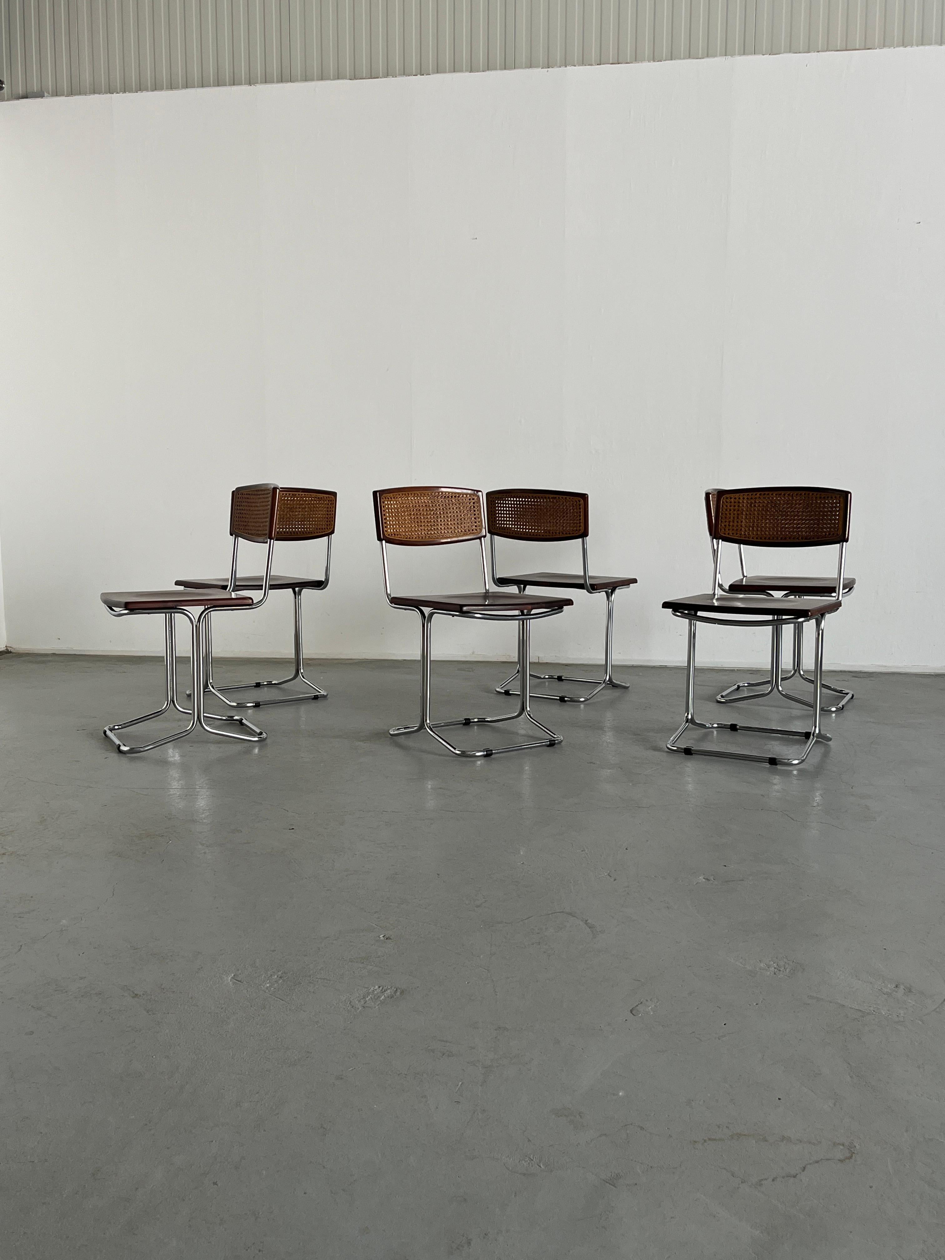 Vintage wood, wicker cane and chrome frame dining chairs, attributed to designs by Antonio Ari Colombo for Arflex, produced in the late 1960s or early 1970s.

In good condition with expected age related signs, mostly surface scratches, as