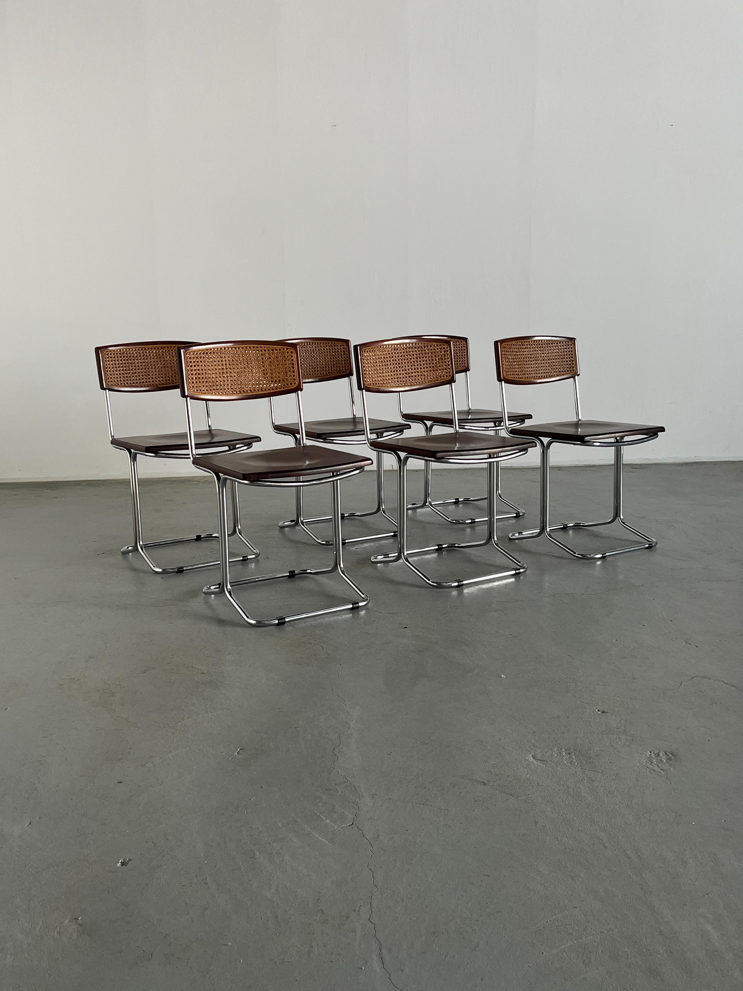 Mid-Century Modern 1 of 6 Mid-Century Dining Chairs in Bent Tubular Steel and Wicker Cane, 1960s