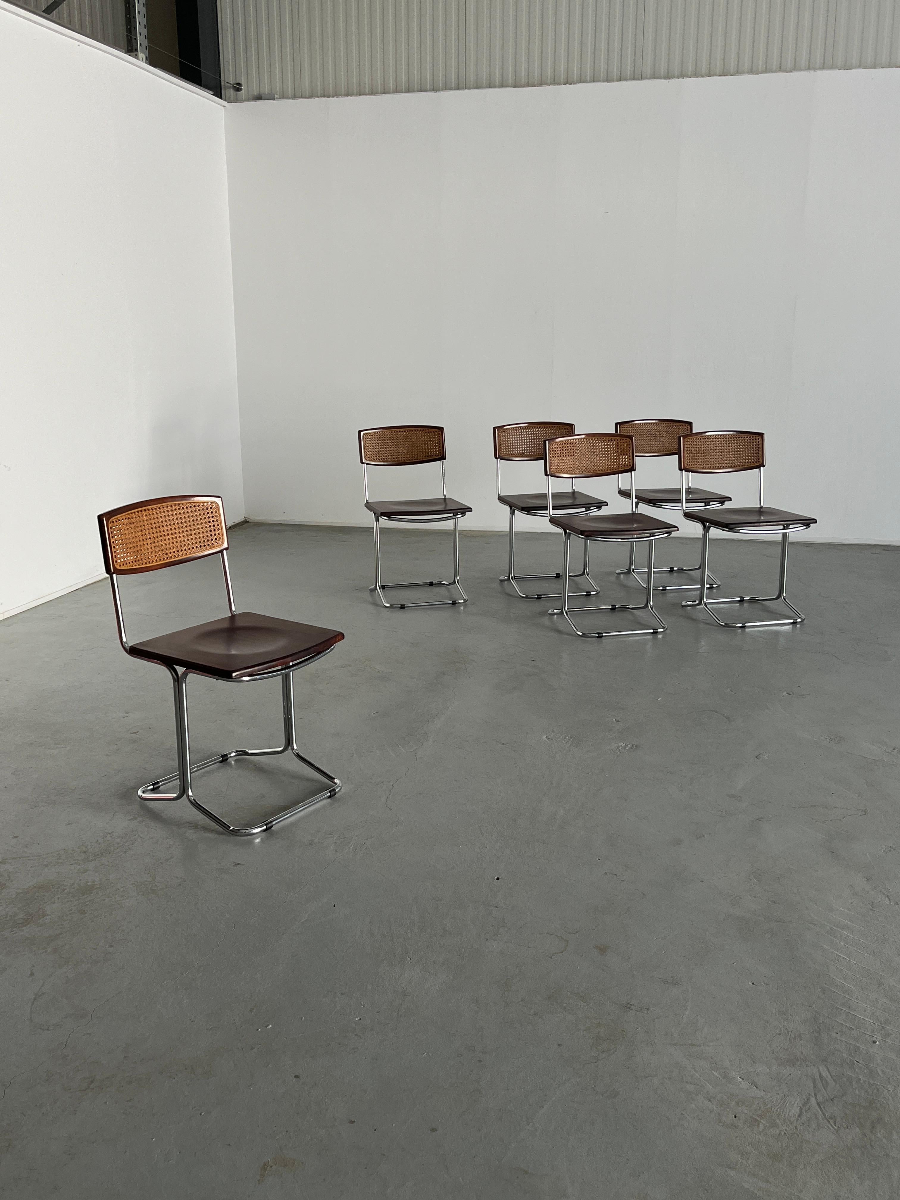 Italian 1 of 6 Mid-Century Dining Chairs in Bent Tubular Steel and Wicker Cane, 1960s
