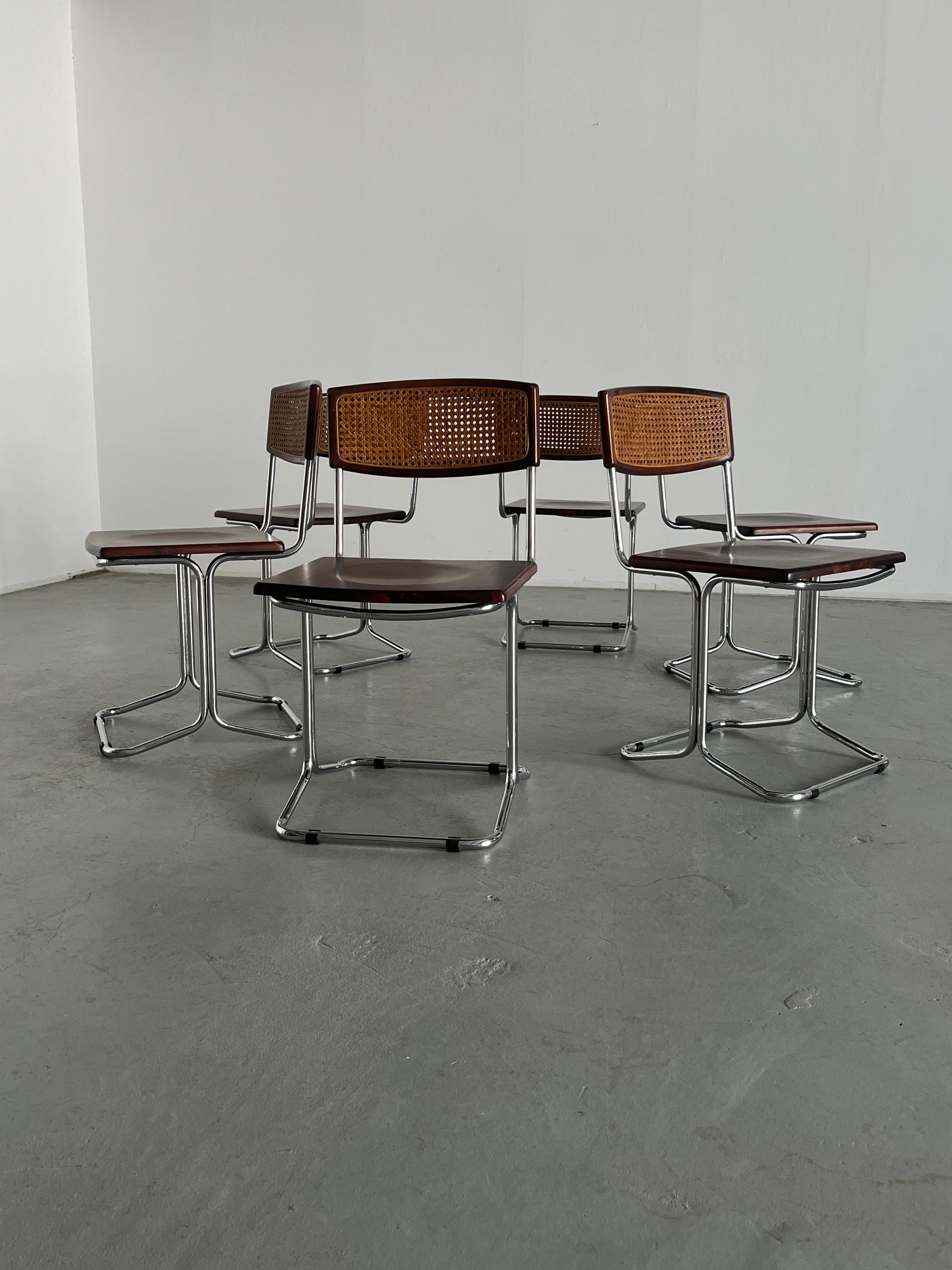 Mid-20th Century 1 of 6 Mid-Century Dining Chairs in Bent Tubular Steel and Wicker Cane, 1960s