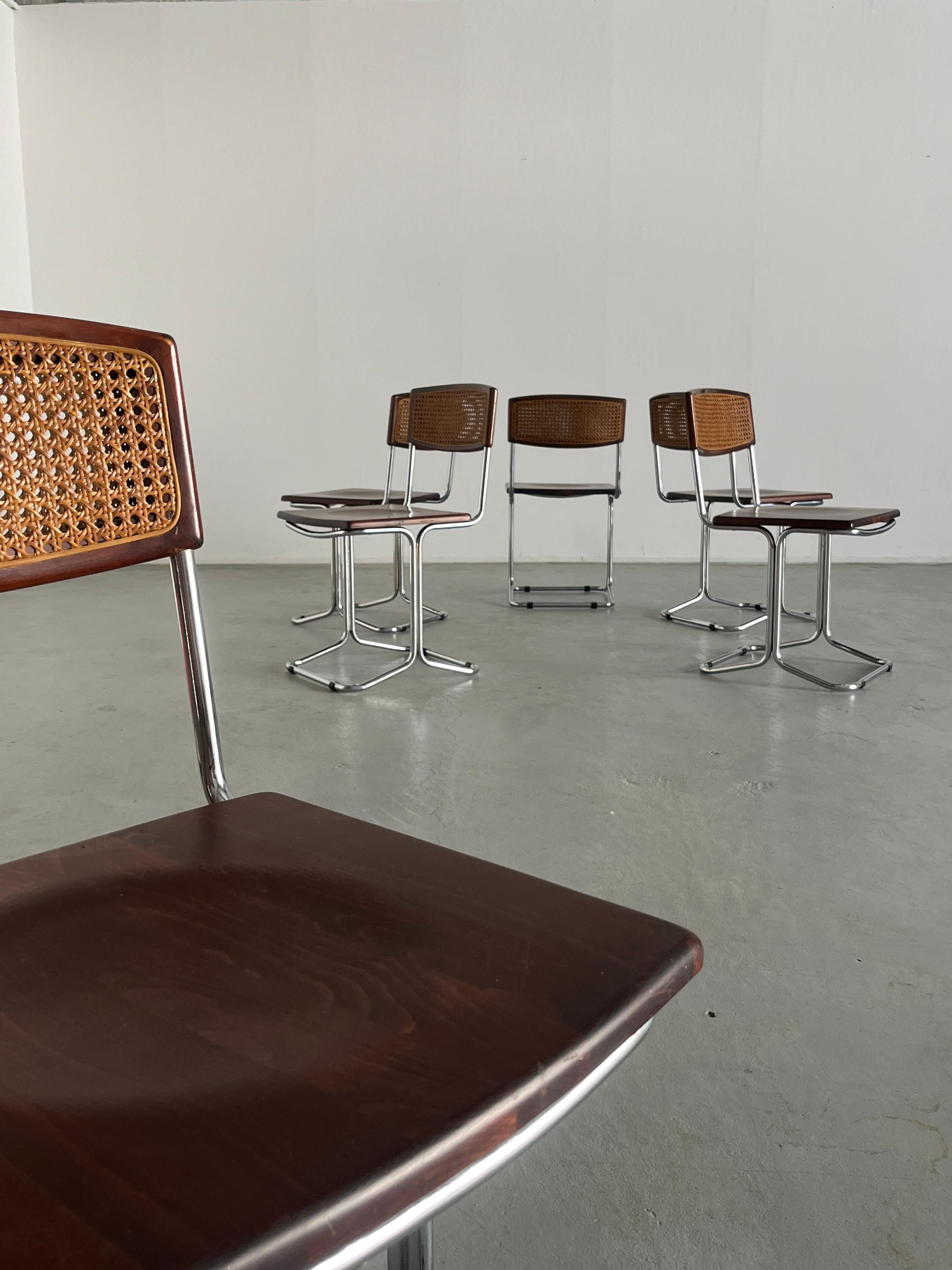 1 of 6 Mid-Century Dining Chairs in Bent Tubular Steel and Wicker Cane, 1960s 2