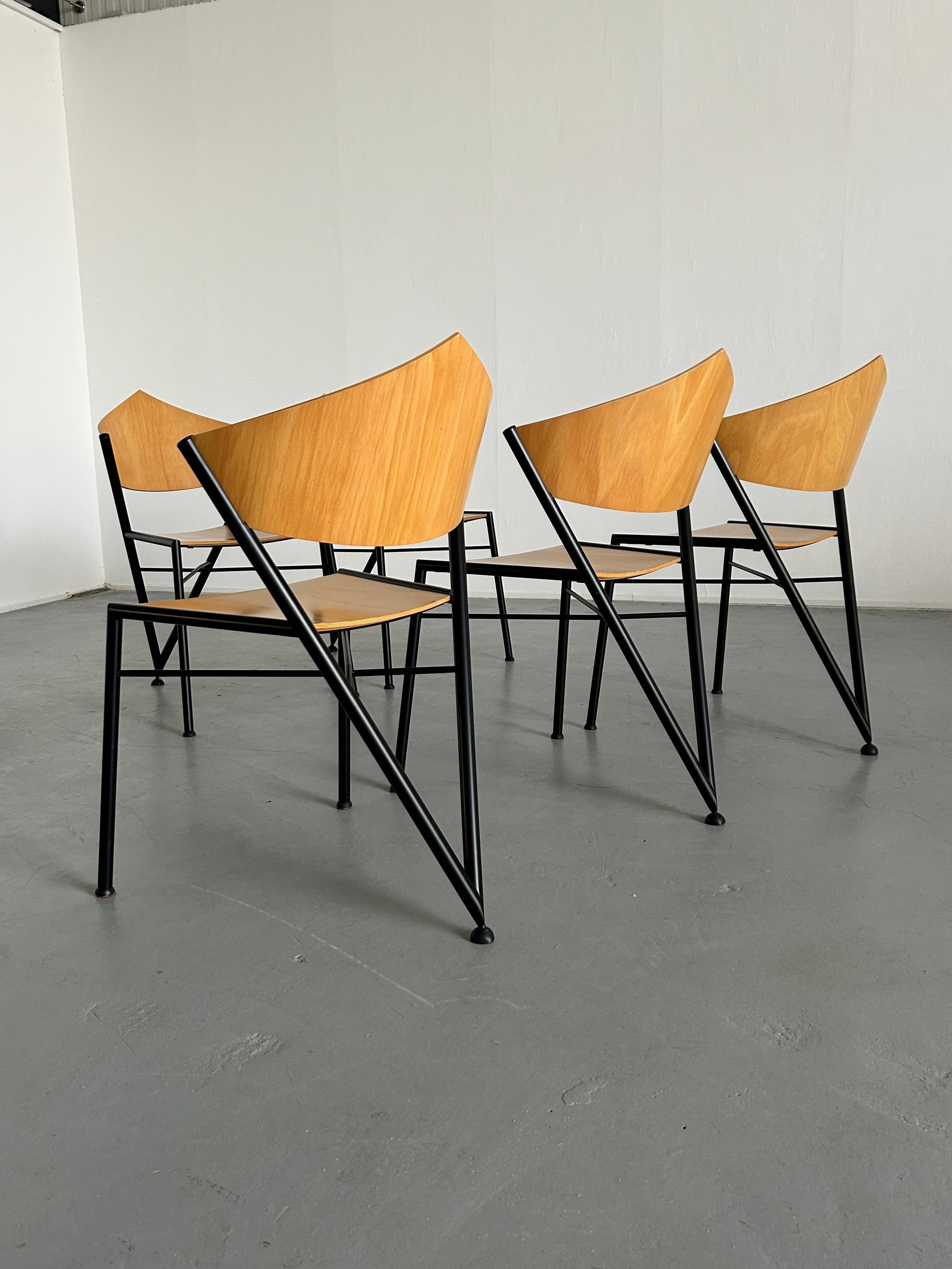 1 of 6 Postmodern Metal Framed Plywood Chairs, Memphis Design, 1980s Italy 3