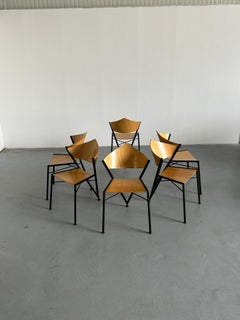 1 of 6 Postmodern Metal Framed Plywood Chairs, Memphis Design, 1980s Italy