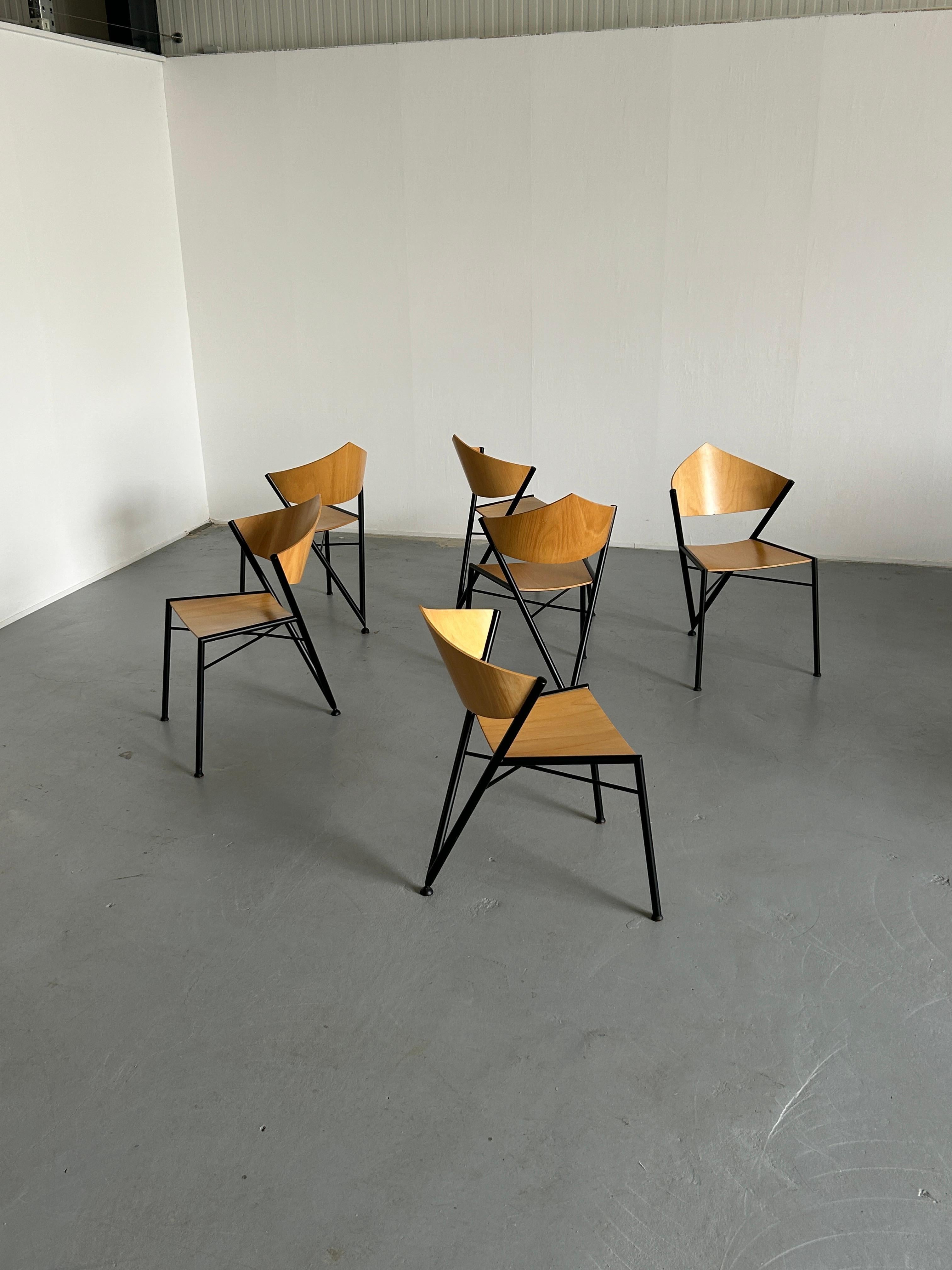 Post-Modern 1 of 6 Postmodern Metal Framed Plywood Chairs, Memphis Design, 1980s Italy
