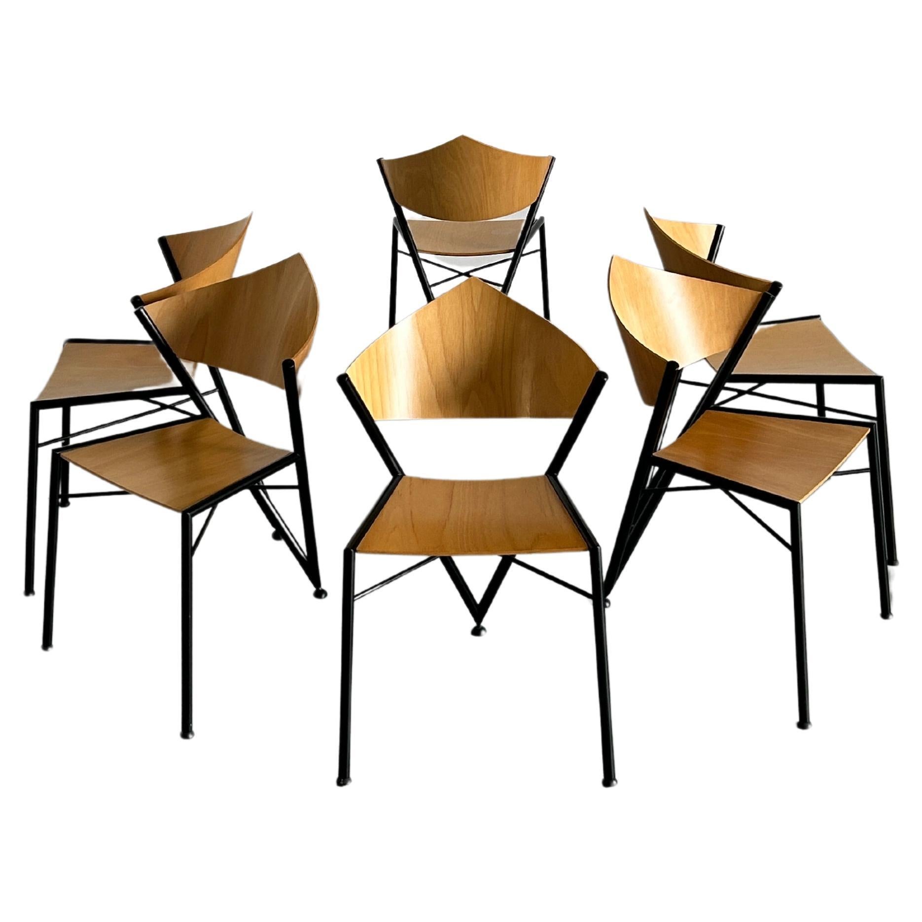 1 of 6 Postmodern Metal Framed Plywood Chairs, Memphis Design, 1980s Italy