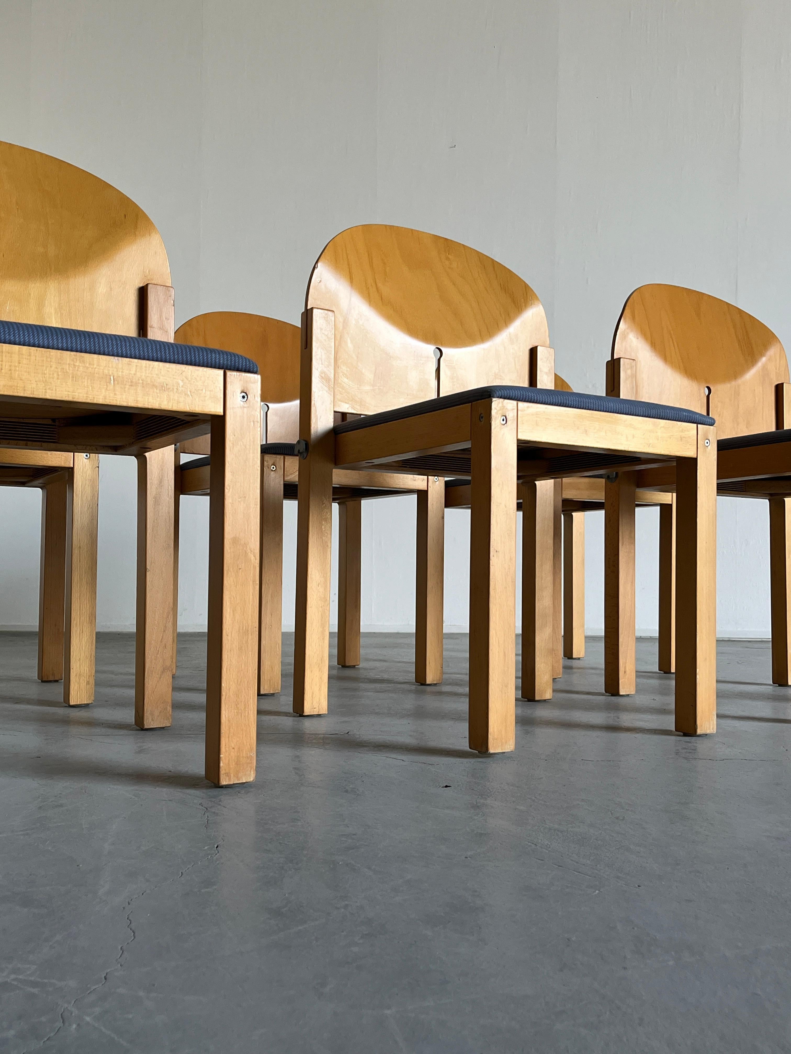 1 of 6 Postmodern Wooden Stackable Dining Chairs by Arno Votteler, 80s Germany For Sale 2