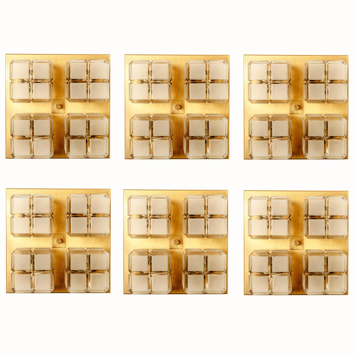 1 of 6 Square Shaped Gold Milkglass Wall Lights Flush Mounts by Glashütte For Sale 9