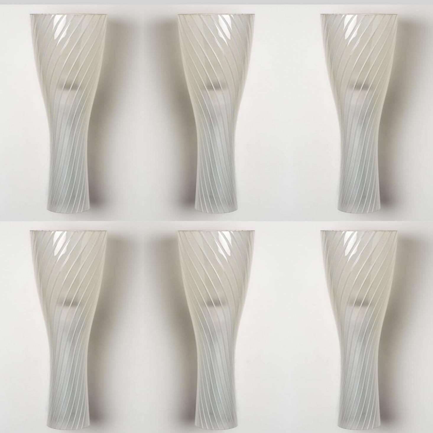 1 of 6 Striped Clear White Glass Wall Lights by Gangkofner for Peill, Germany For Sale 5