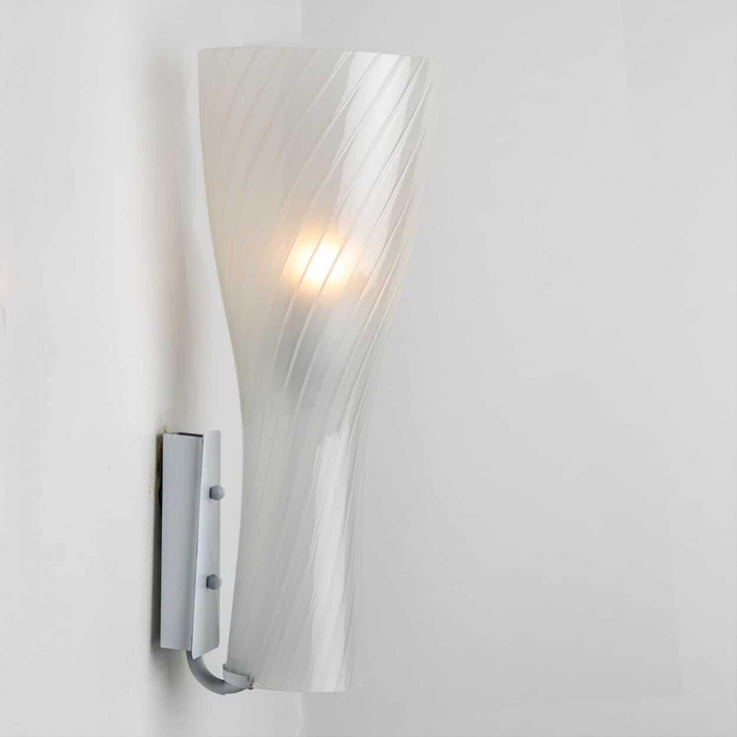 1 of 6 Striped Clear White Glass Wall Lights by Gangkofner for Peill, Germany For Sale 7