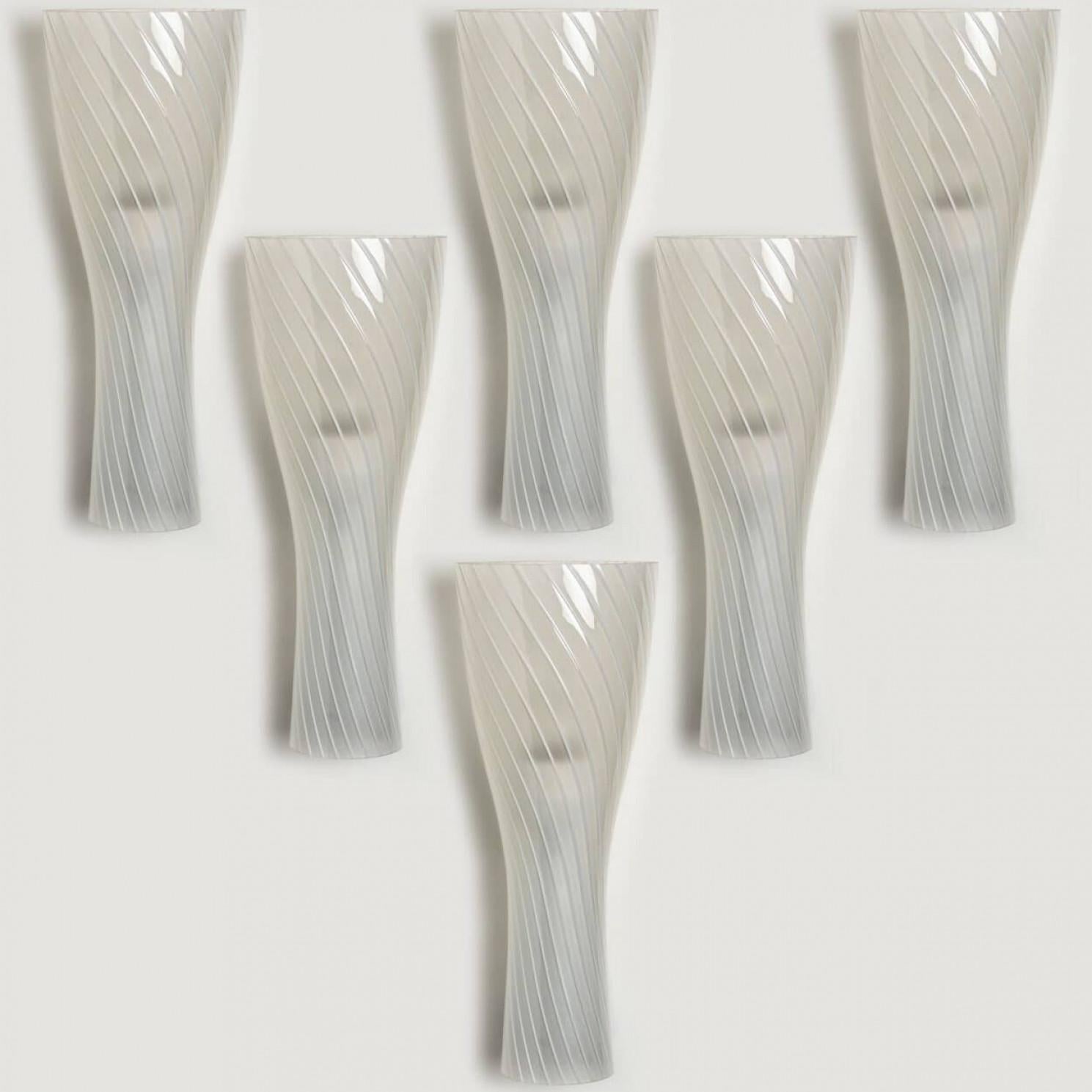 1 of 6 Striped Clear White Glass Wall Lights by Gangkofner for Peill, Germany For Sale 9
