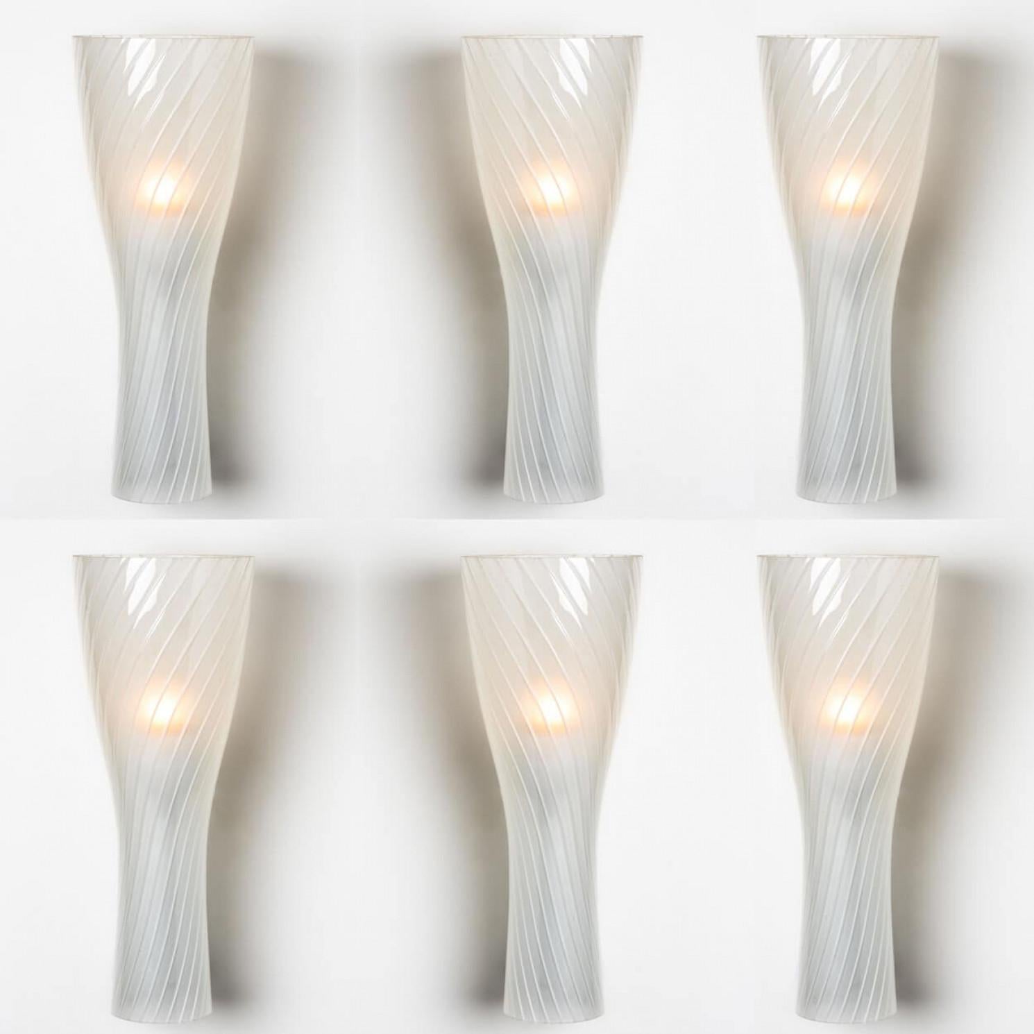 1 of 6 Striped Clear White Glass Wall Lights by Gangkofner for Peill, Germany For Sale 2