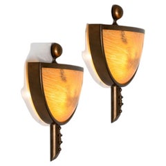 1 of 6 Thin Art Deco Style Marble Colored Opal Glass Wall Lights, 1960