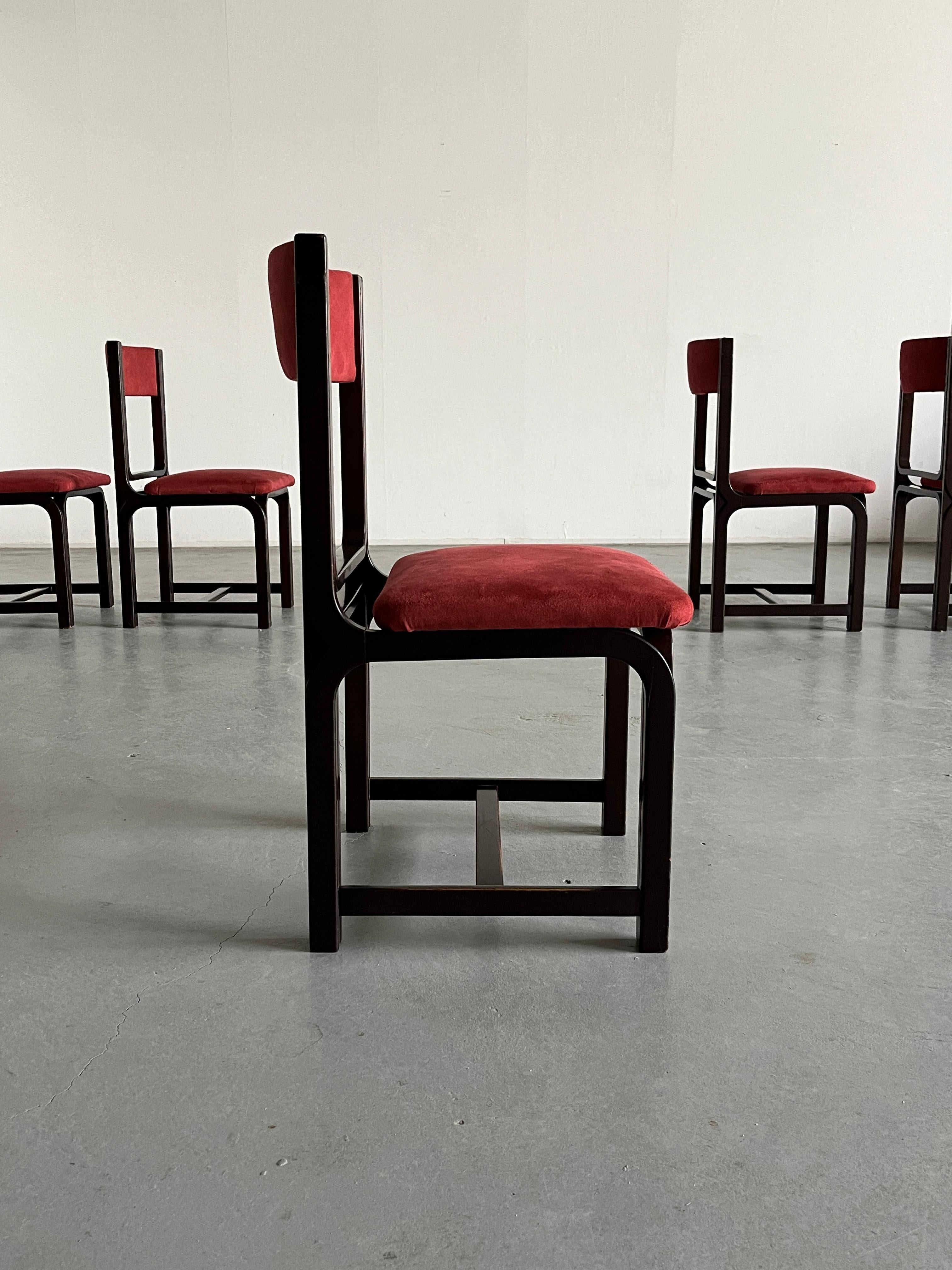 1 of 6 Vintage Mid-Century Dining Chairs in Bourdeaux Upholstery and Walnut, 70s For Sale 1