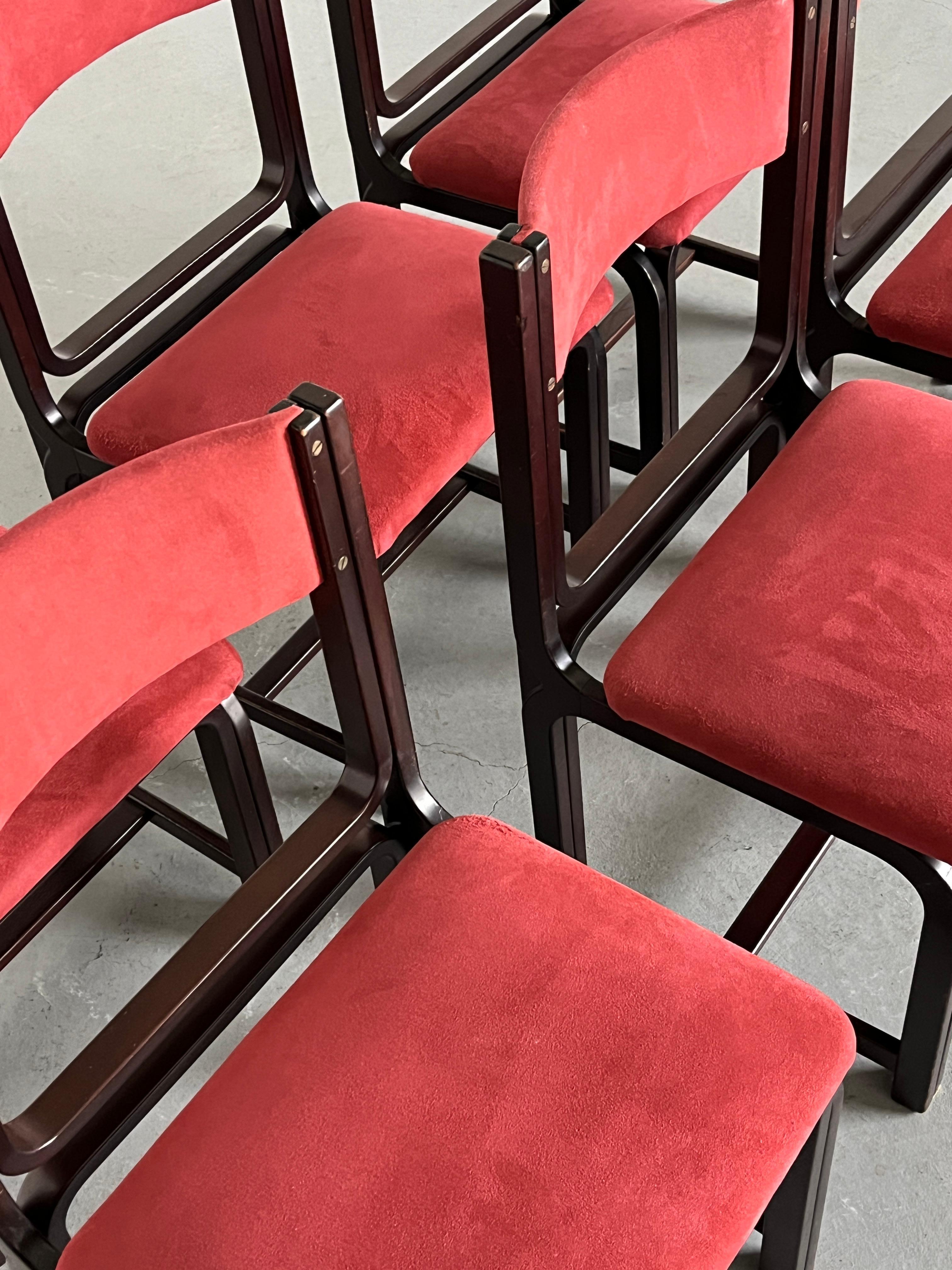 1 of 6 Vintage Mid-Century Dining Chairs in Bourdeaux Upholstery and Walnut, 70s For Sale 3