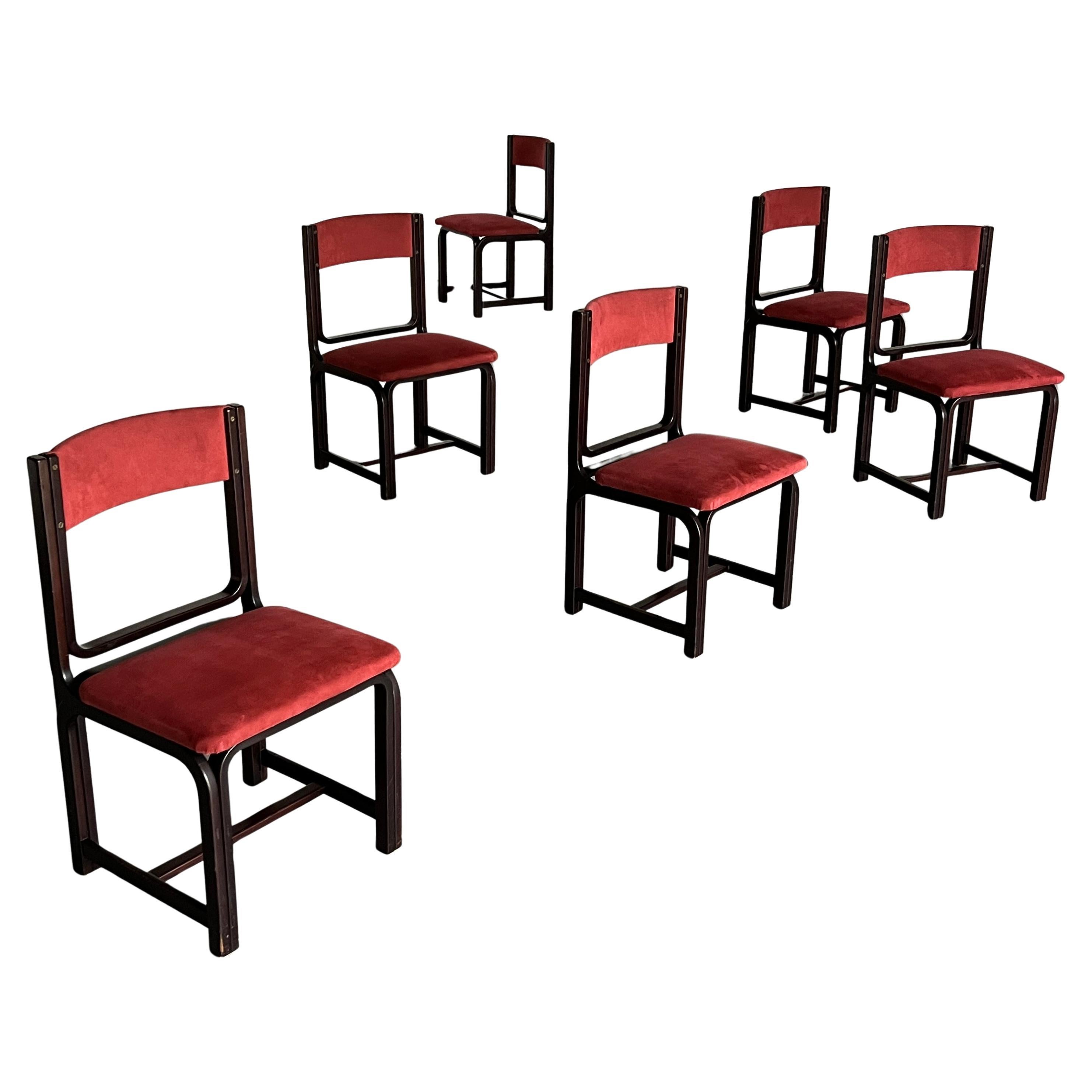 1 of 6 Vintage Mid-Century Dining Chairs in Bourdeaux Upholstery and Walnut, 70s For Sale