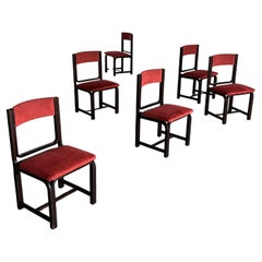 1 of 6 Vintage Mid-Century Dining Chairs in Bourdeaux Upholstery and Walnut, 70s