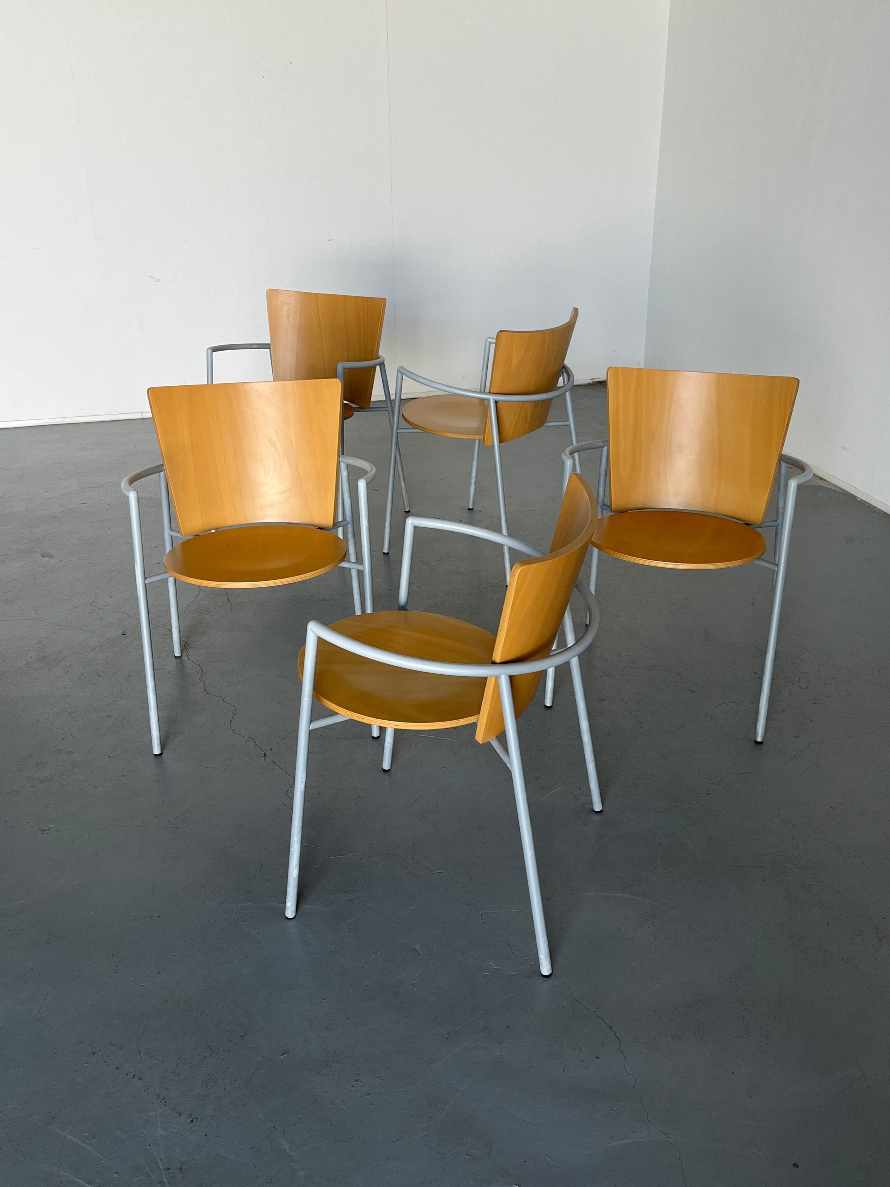 Post-Modern 1 of 6 Vintage Postmodern Geometrical Armchairs, Bent Plywood and Metal, Italy For Sale