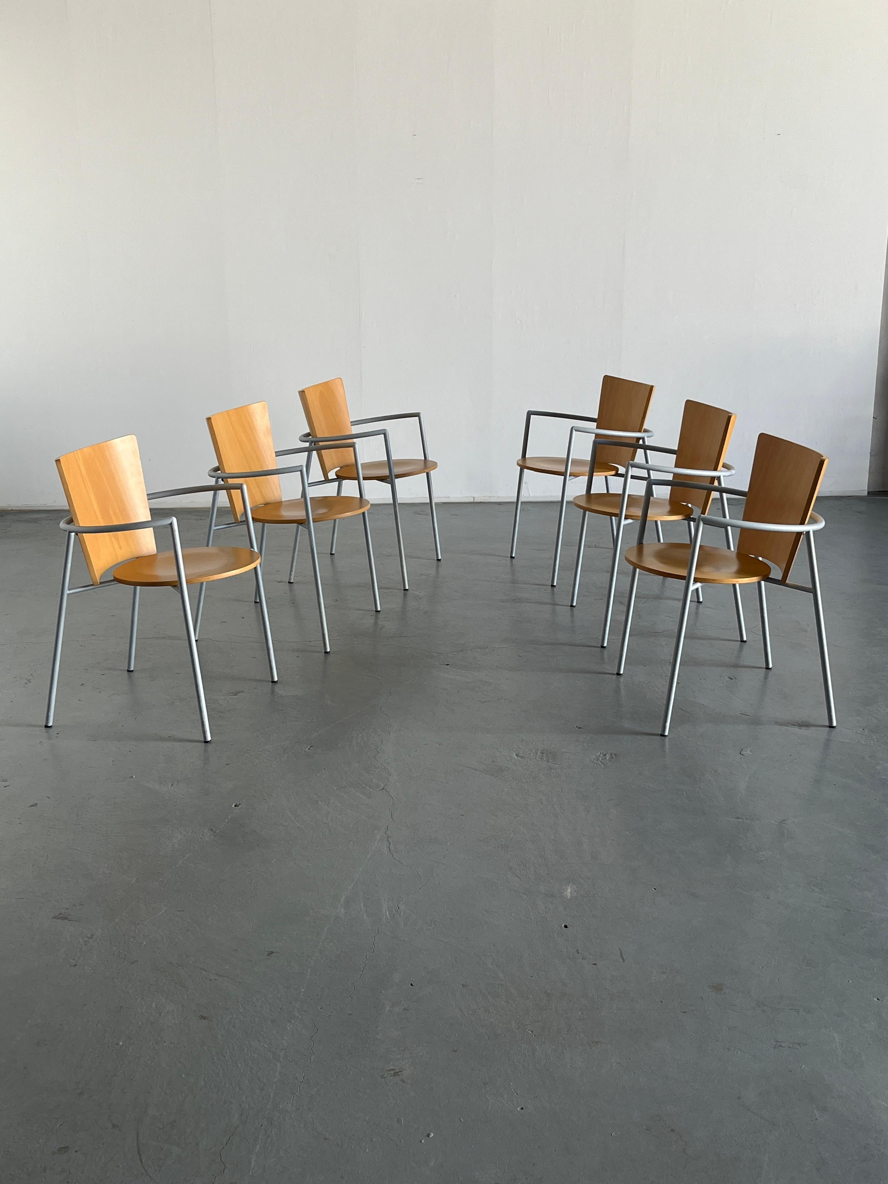 Italian 1 of 6 Vintage Postmodern Geometrical Armchairs, Bent Plywood and Metal, Italy For Sale