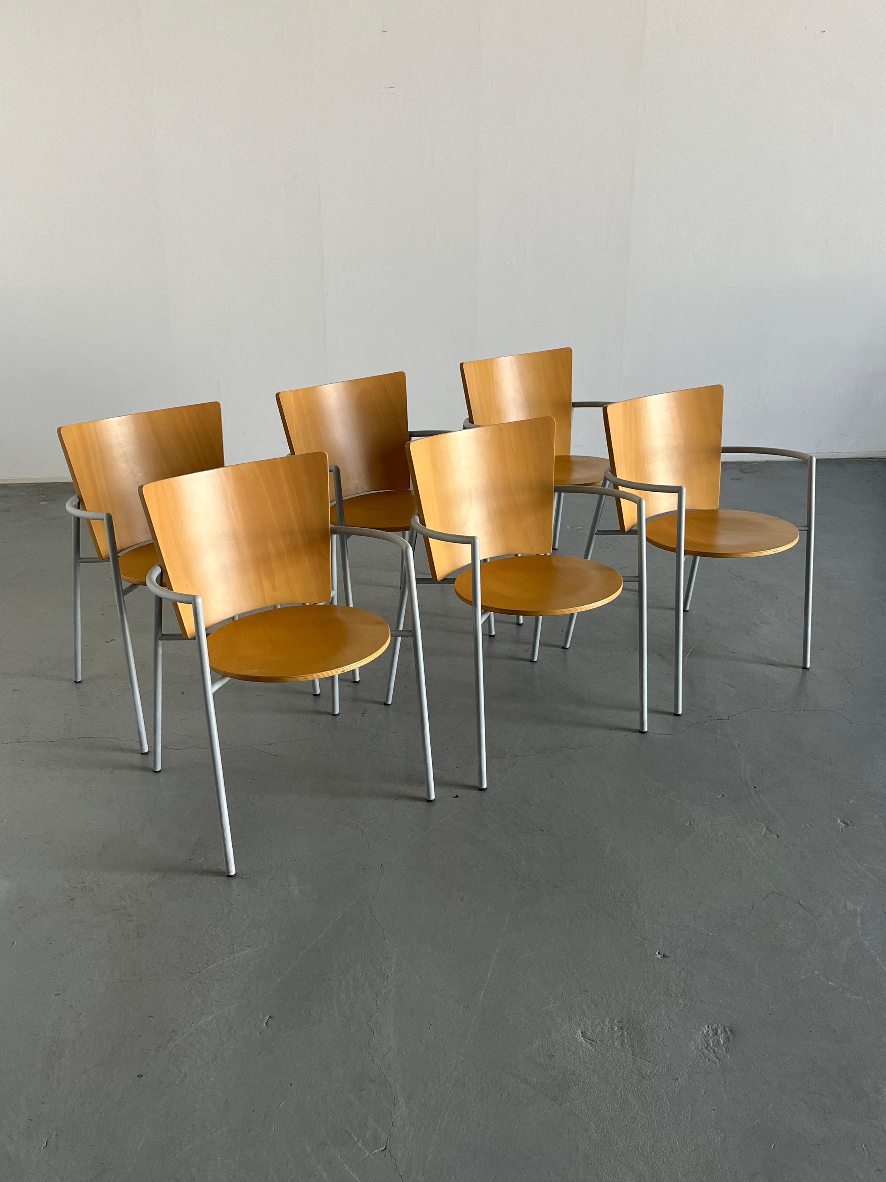 1 of 6 Vintage Postmodern Geometrical Armchairs, Bent Plywood and Metal, Italy In Good Condition For Sale In Zagreb, HR