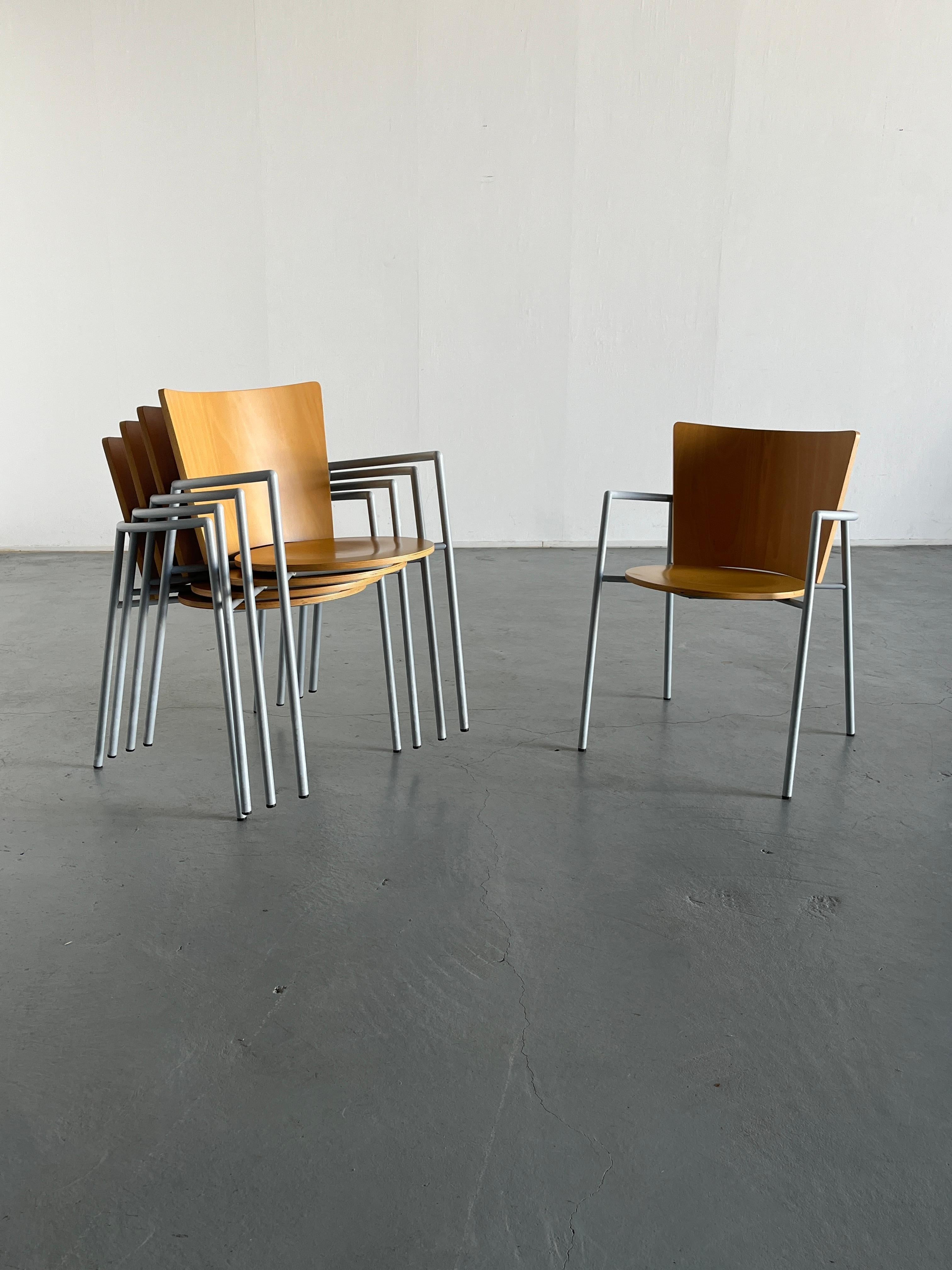 Late 20th Century 1 of 6 Vintage Postmodern Geometrical Armchairs, Bent Plywood and Metal, Italy For Sale