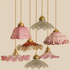 1 of 7 Art Deco Ruffled Murano Hand Blown Glass Pendants Red Pink White, 1940