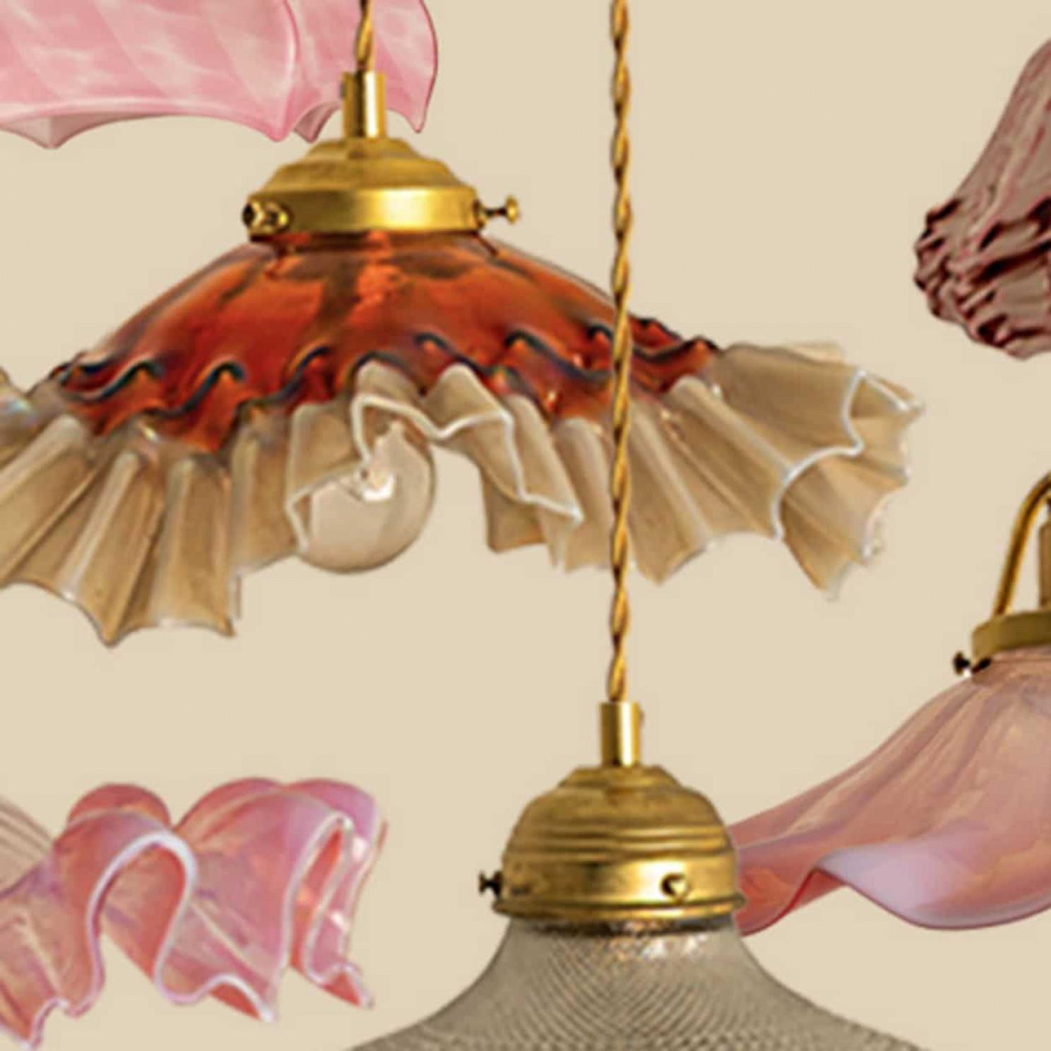 Art Déco 1 of 7 Ciondoli in vetro soffiato a mano di Murano Art Deco increspato Rosso Rosa Bianco, 1940 in vendita