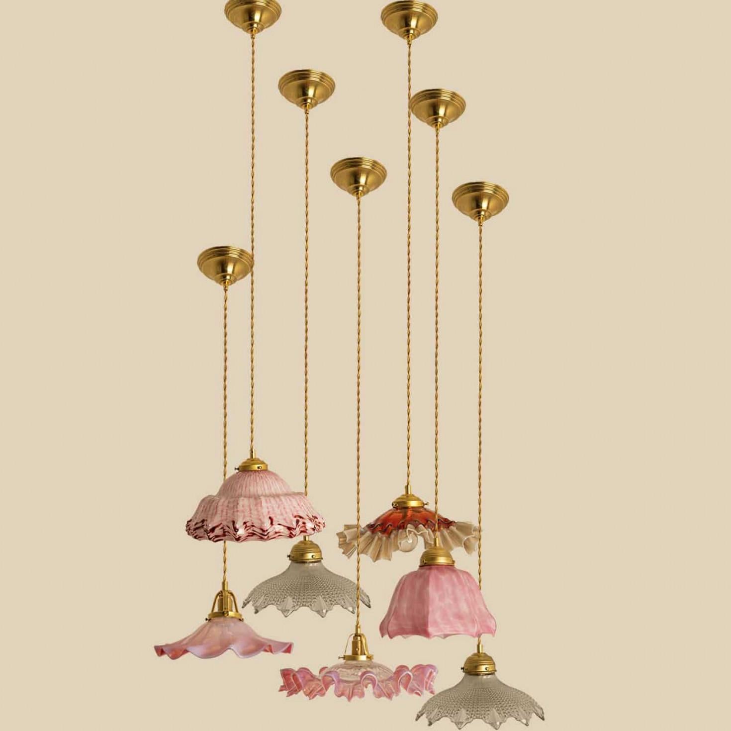 Art Déco 1 of 7 Ciondoli in vetro soffiato a mano di Murano Art Deco increspato Rosso Rosa Bianco, 1940 in vendita