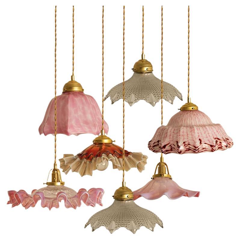 1 of 7 Art Deco Ruffled Murano Hand Blown Glass Pendants Red Pink White, 1940