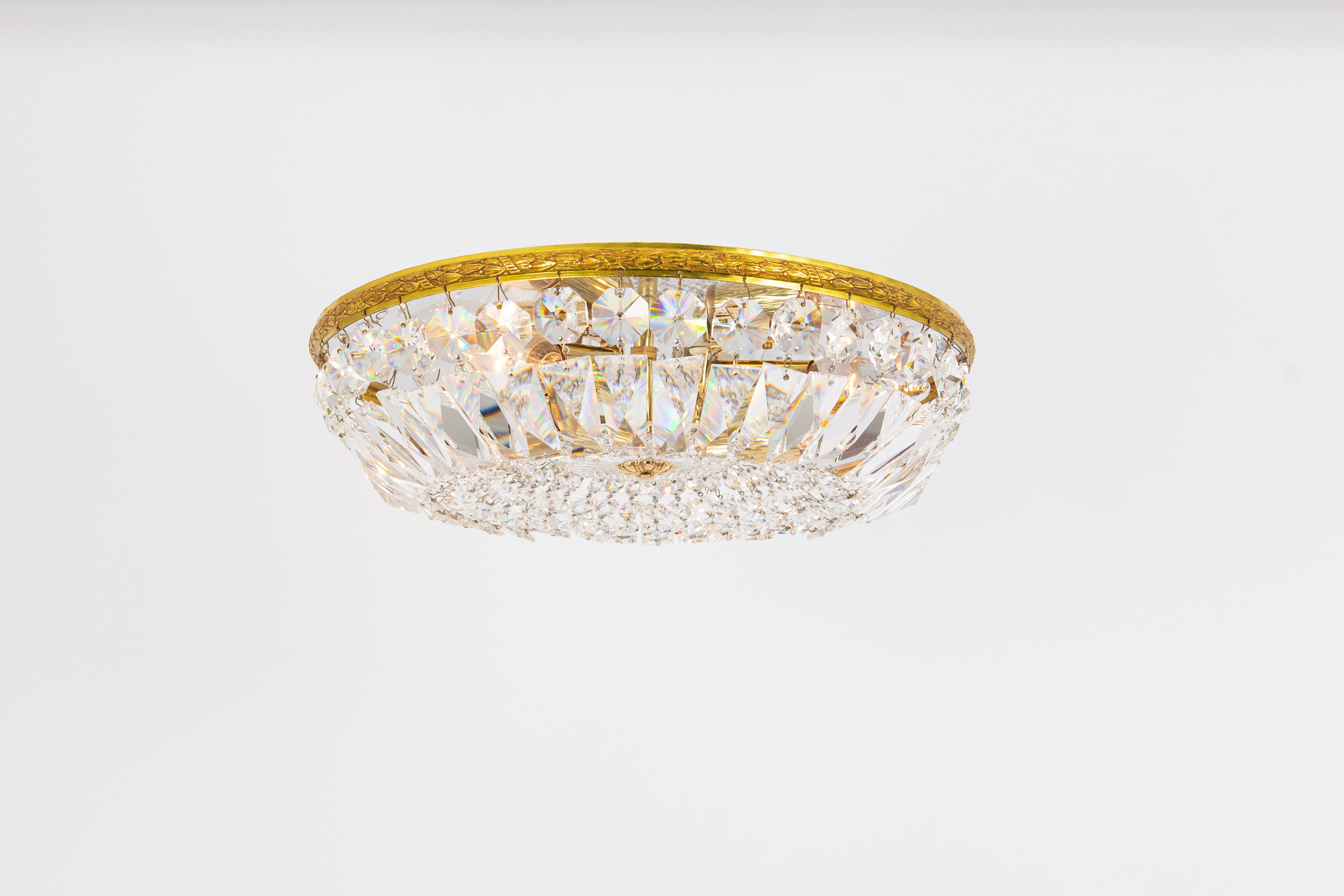 Mid-Century Modern  1 of 7 Delicate Brass and Crystal Flush Mount by Palwa, Germany, 1970s For Sale