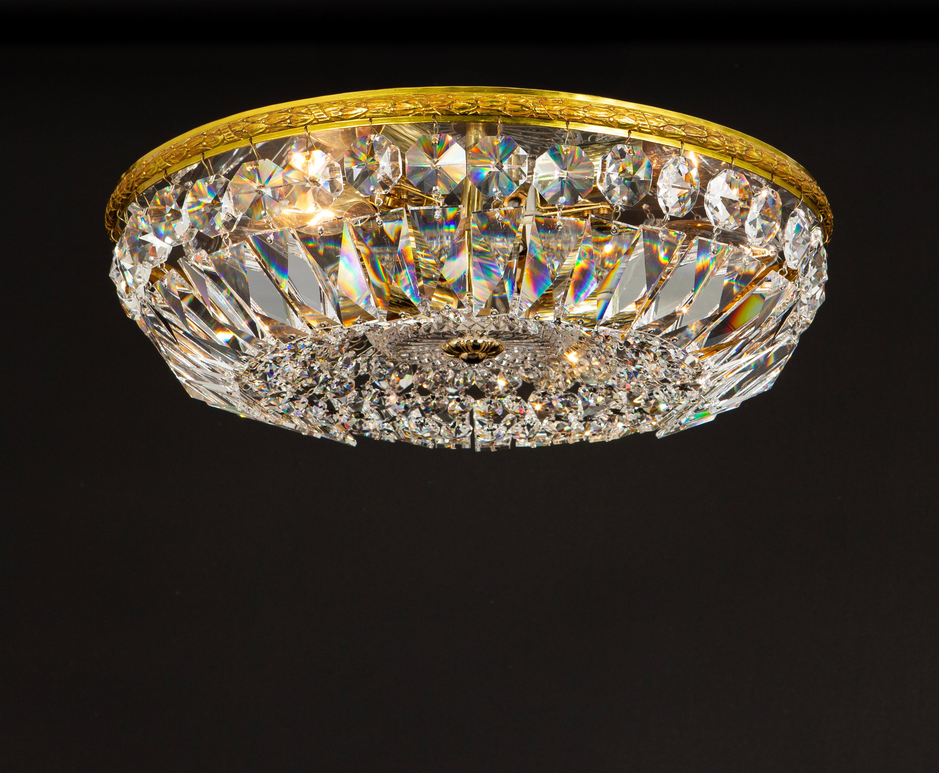  1 of 7 Delicate Brass and Crystal Flush Mount by Palwa, Germany, 1970s For Sale 3