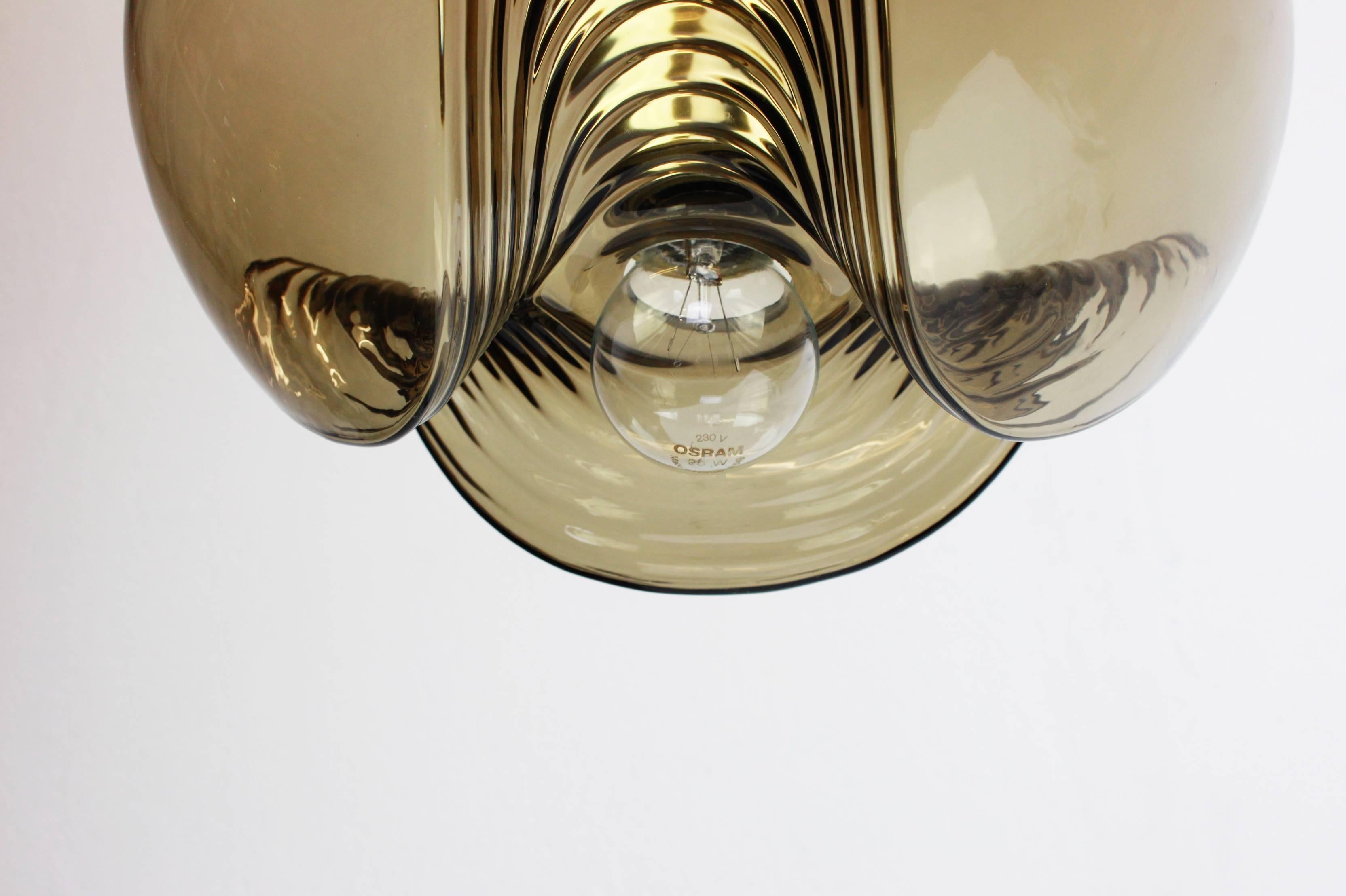 Mid-Century Modern 1 of 7 Large Smoked Glass Pendant Light by Peill & Putzler, Germany, 1970s For Sale
