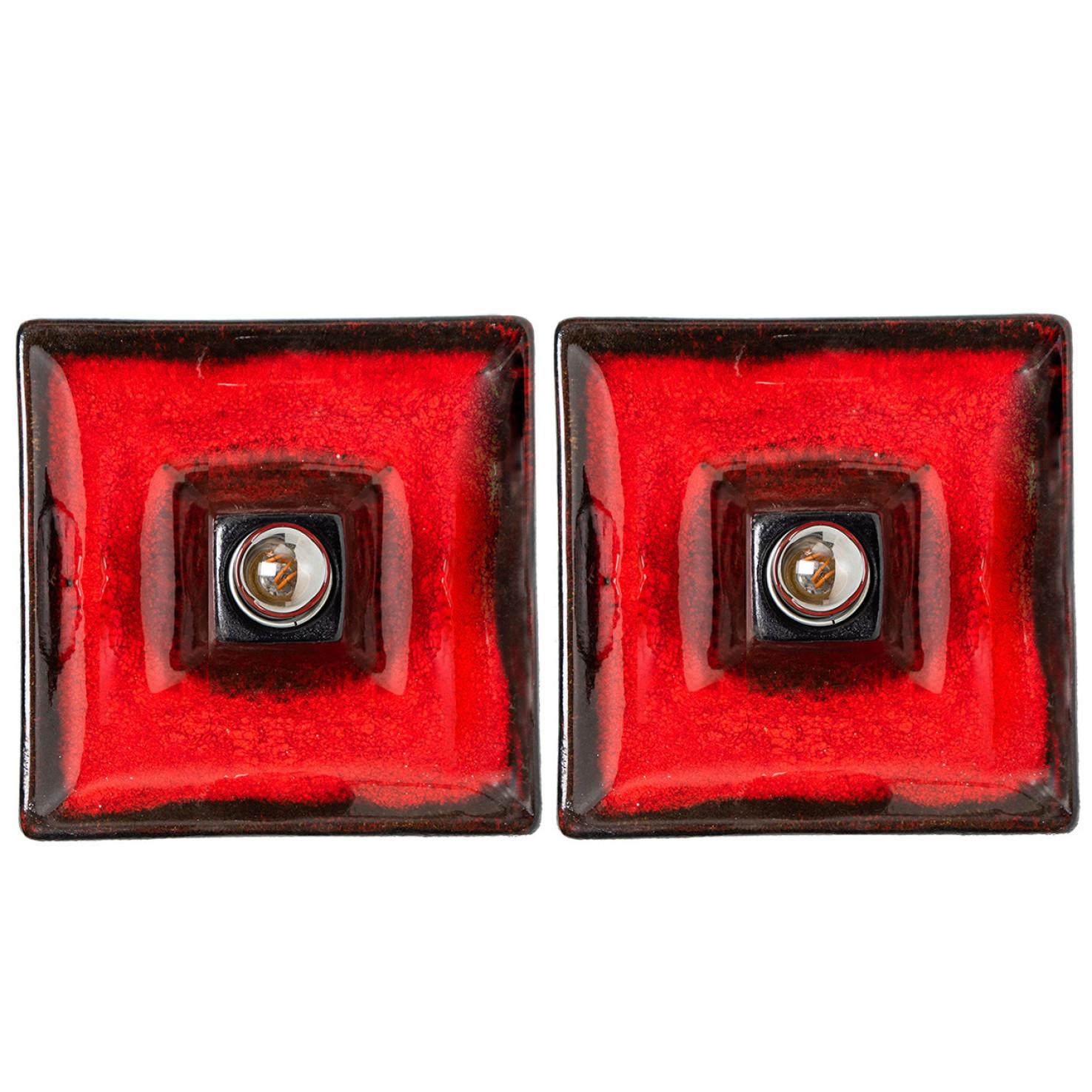 Mid-Century Modern 1 of 7 Red Black Square Ceramic Wall Lights , Germany For Sale
