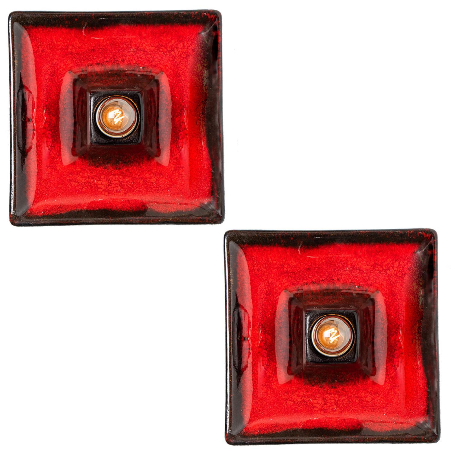 20th Century 1 of 7 Red Black Square Ceramic Wall Lights , Germany For Sale