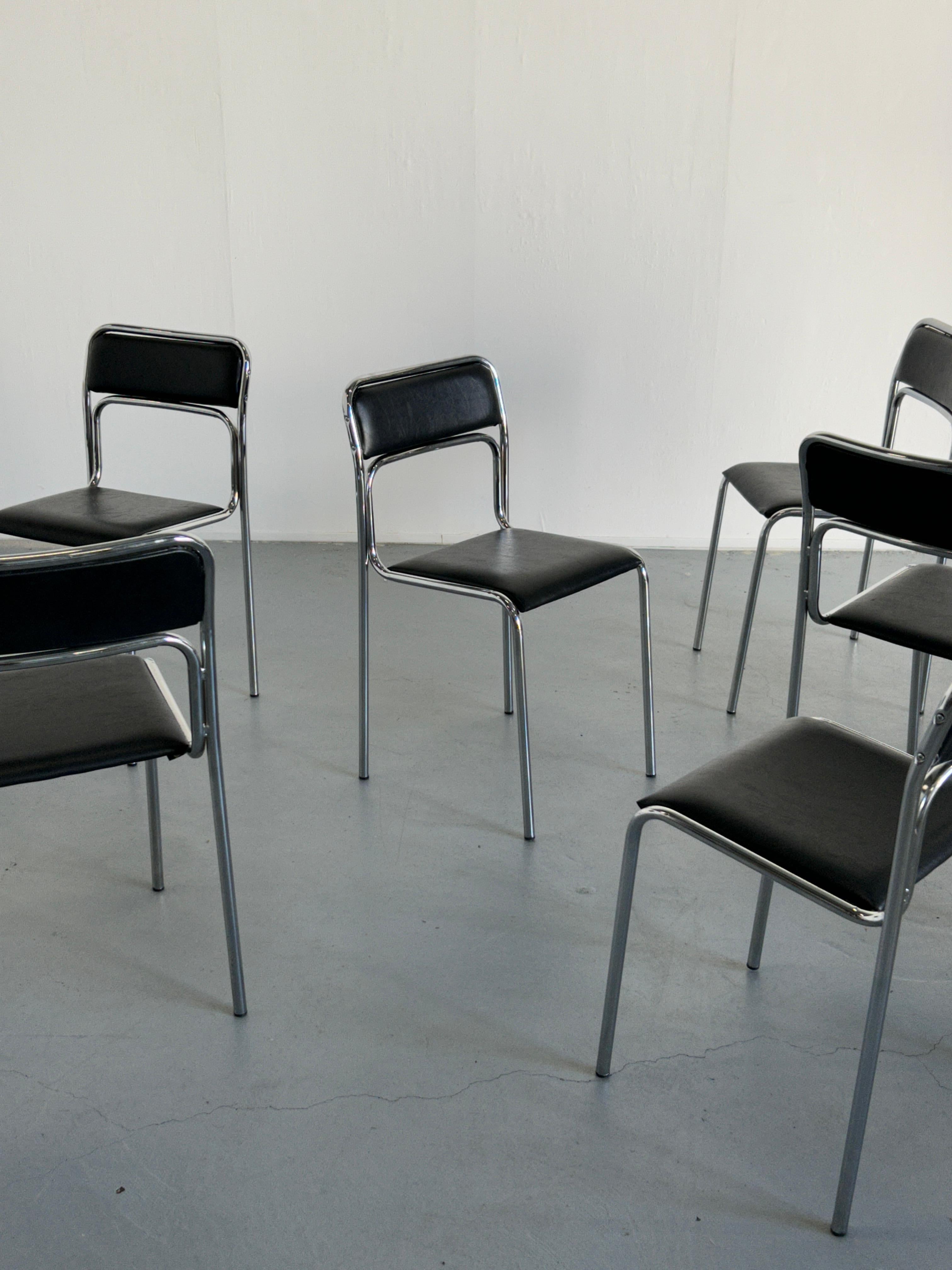 1 of 8 Bauhaus Chrome Tubular Steel and Black Faux Leather Chairs, 1980s Italy For Sale 1
