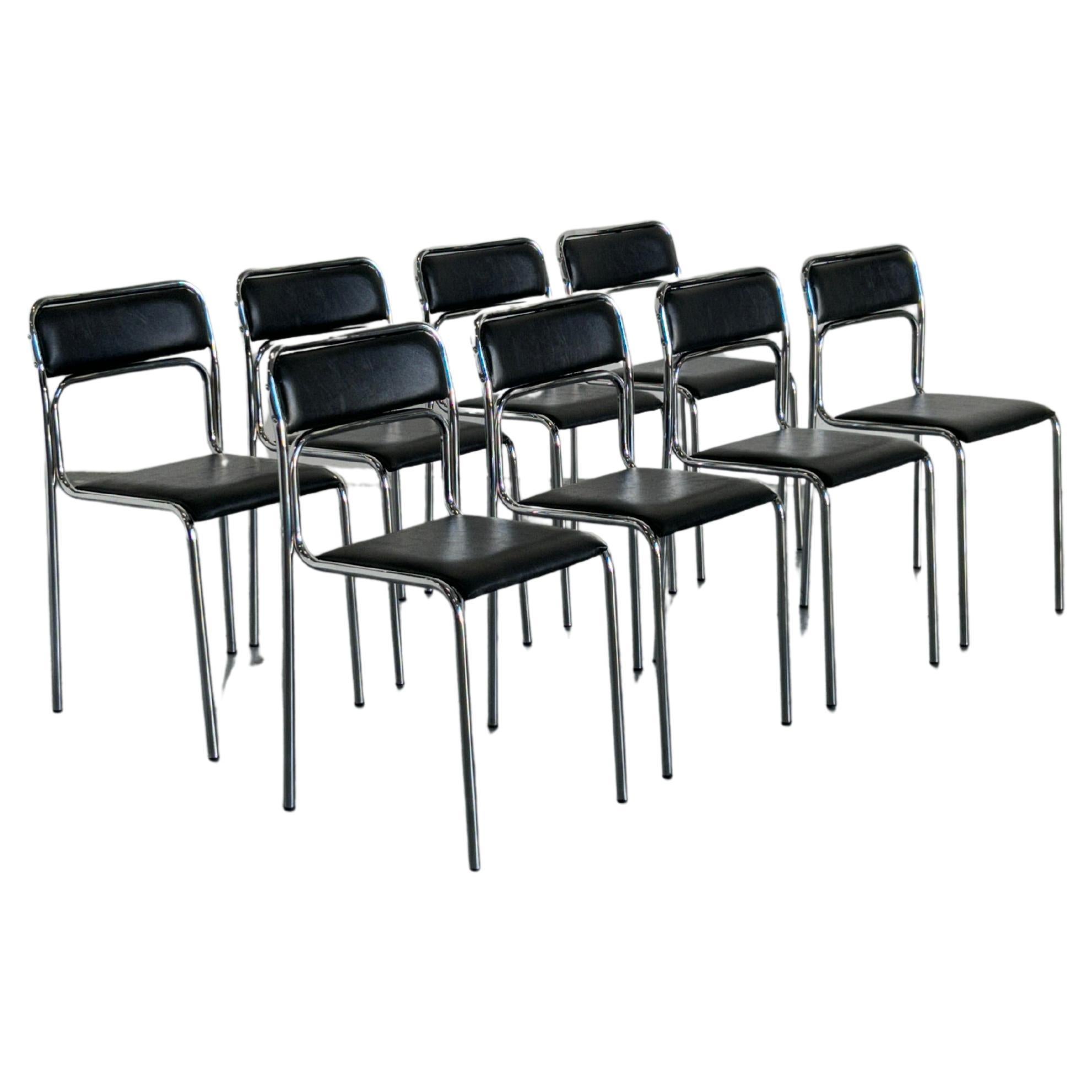 1 de 8 Sillas Bauhaus de acero tubular cromado y piel sintética negra, años 80 Italia