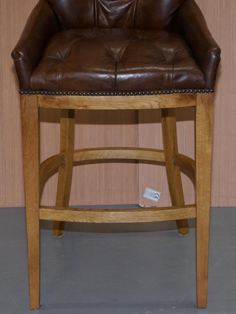 1 of 4 Hand Dyed Brown Leather Chesterfield Tufted High Bar Stools Oak Framed at 1stDibs