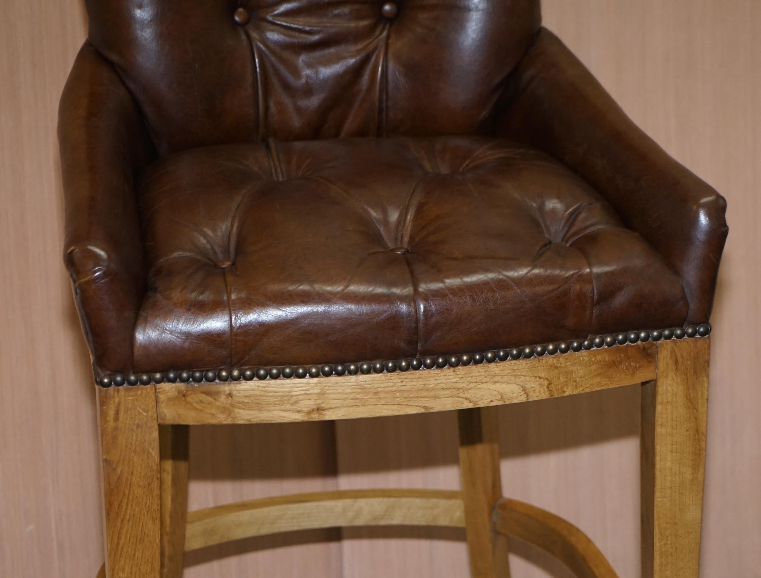 1 of 4 Hand Dyed Brown Leather Chesterfield Tufted High Bar Stools Oak Framed 2