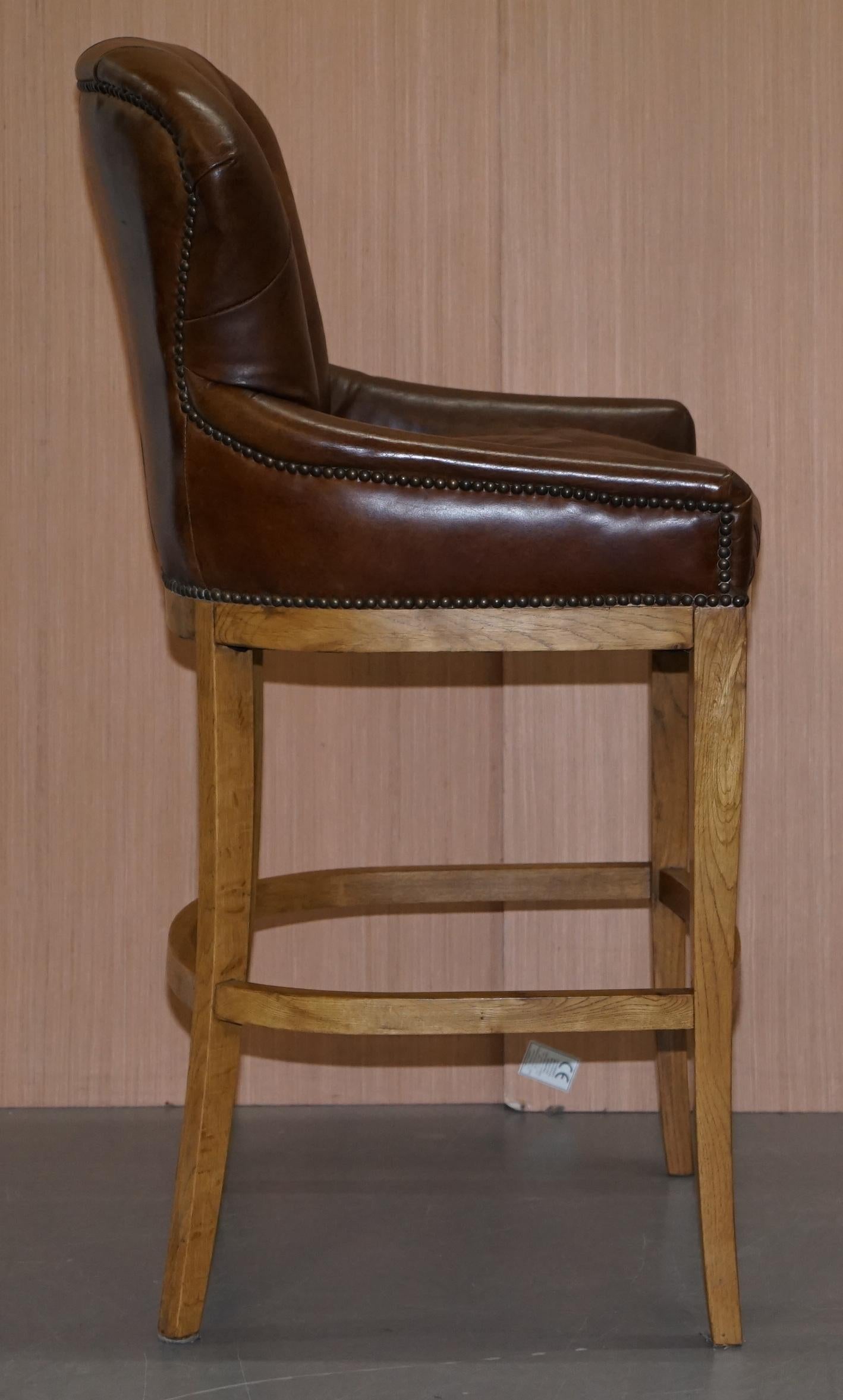 1 of 4 Hand Dyed Brown Leather Chesterfield Tufted High Bar Stools Oak Framed 3