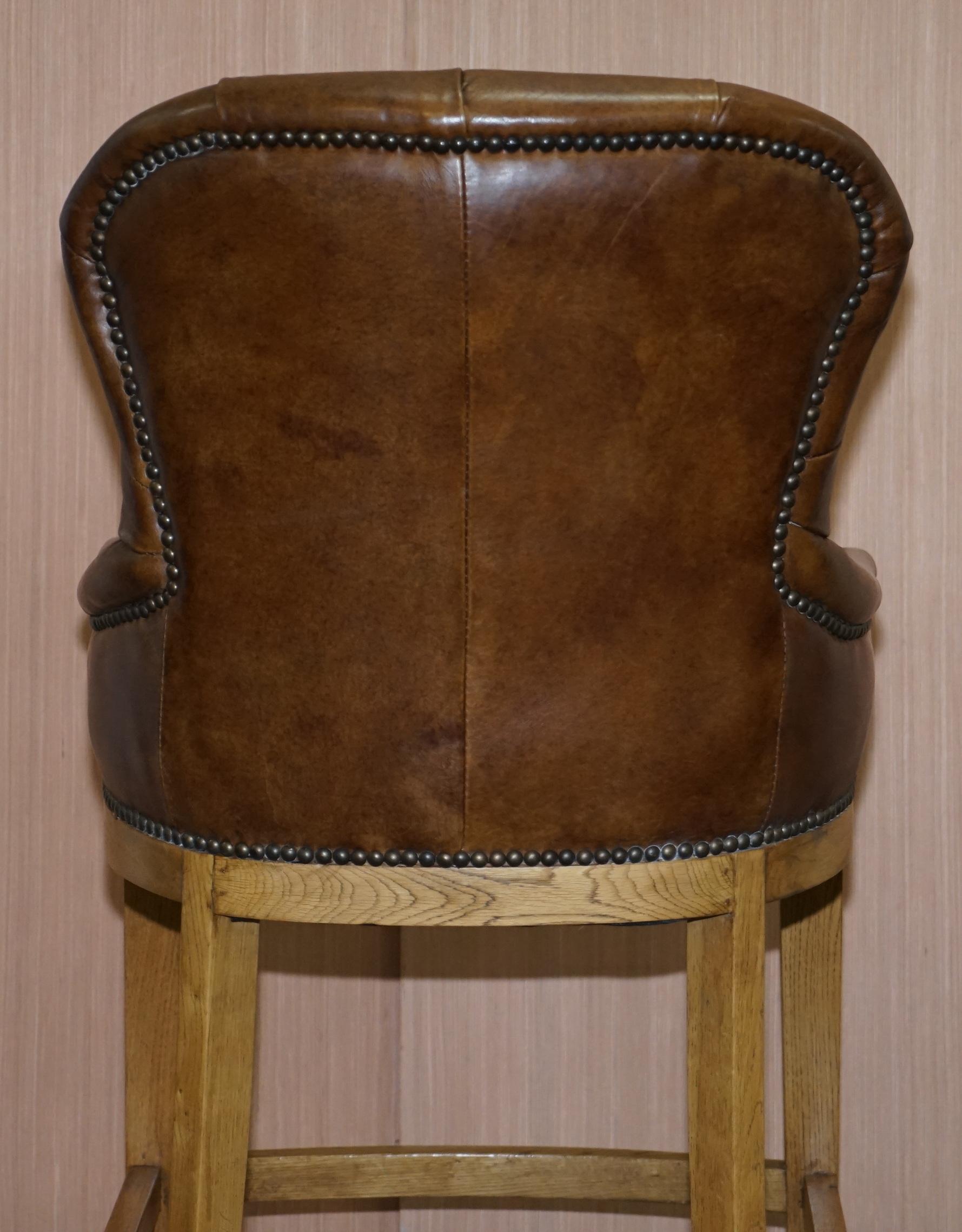 1 of 4 Hand Dyed Brown Leather Chesterfield Tufted High Bar Stools Oak Framed 7